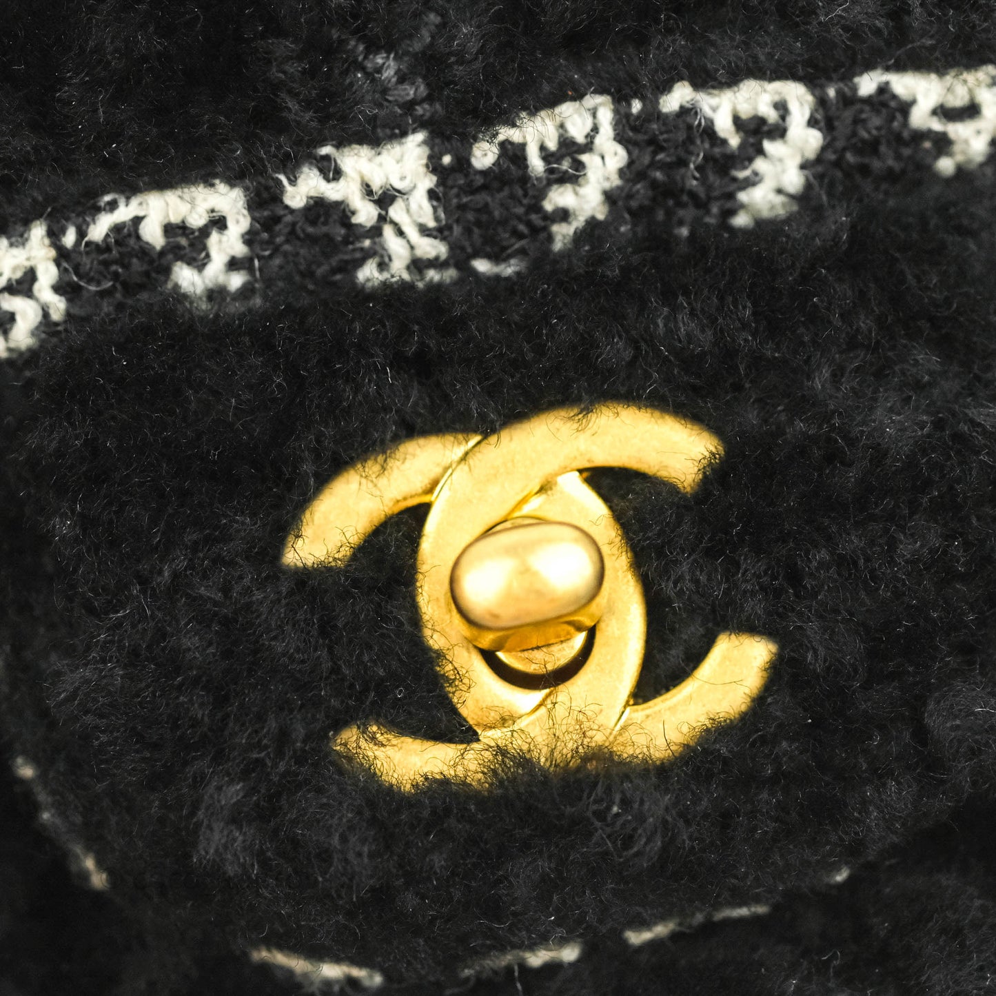Chanel Mini Square Flap Shearling & Tweed Black & White Aged Gold Hardware 20A