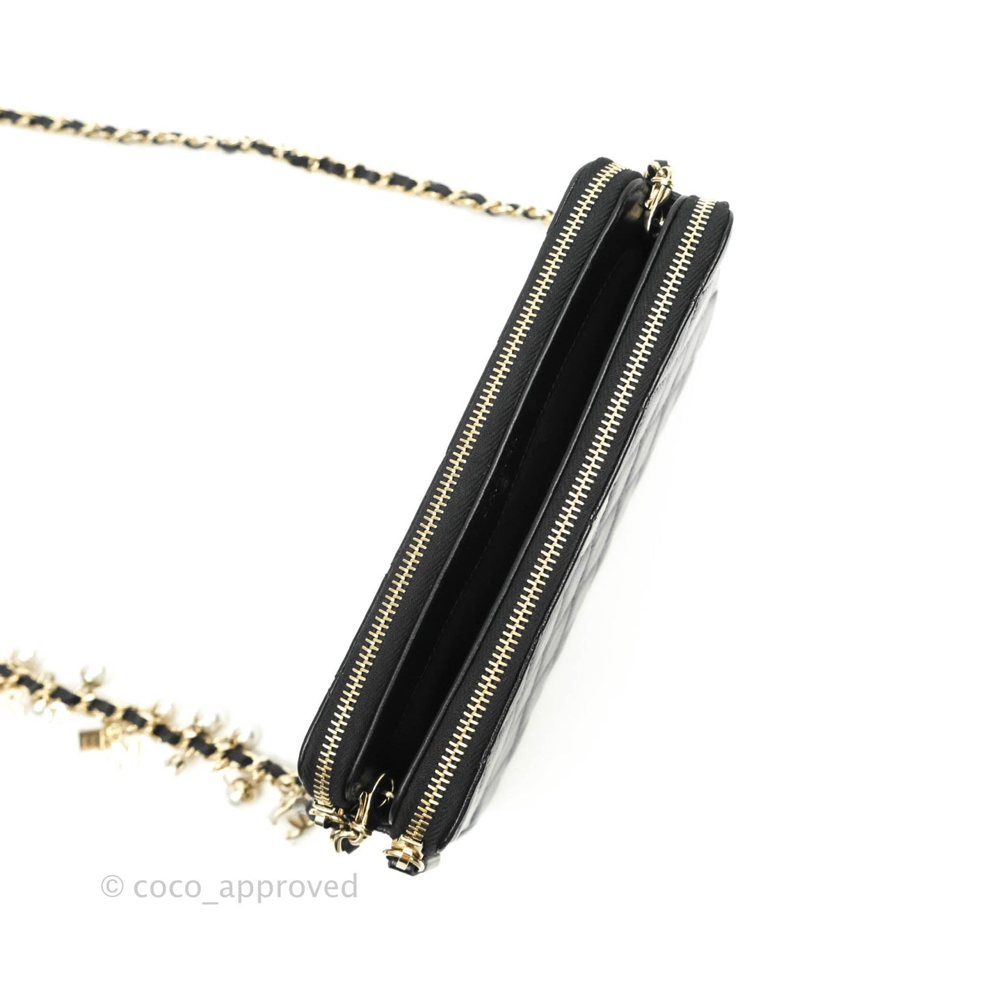 Chanel Pearl Charm Clutch With Chain Black Shiny Calfskin Gold Hardware