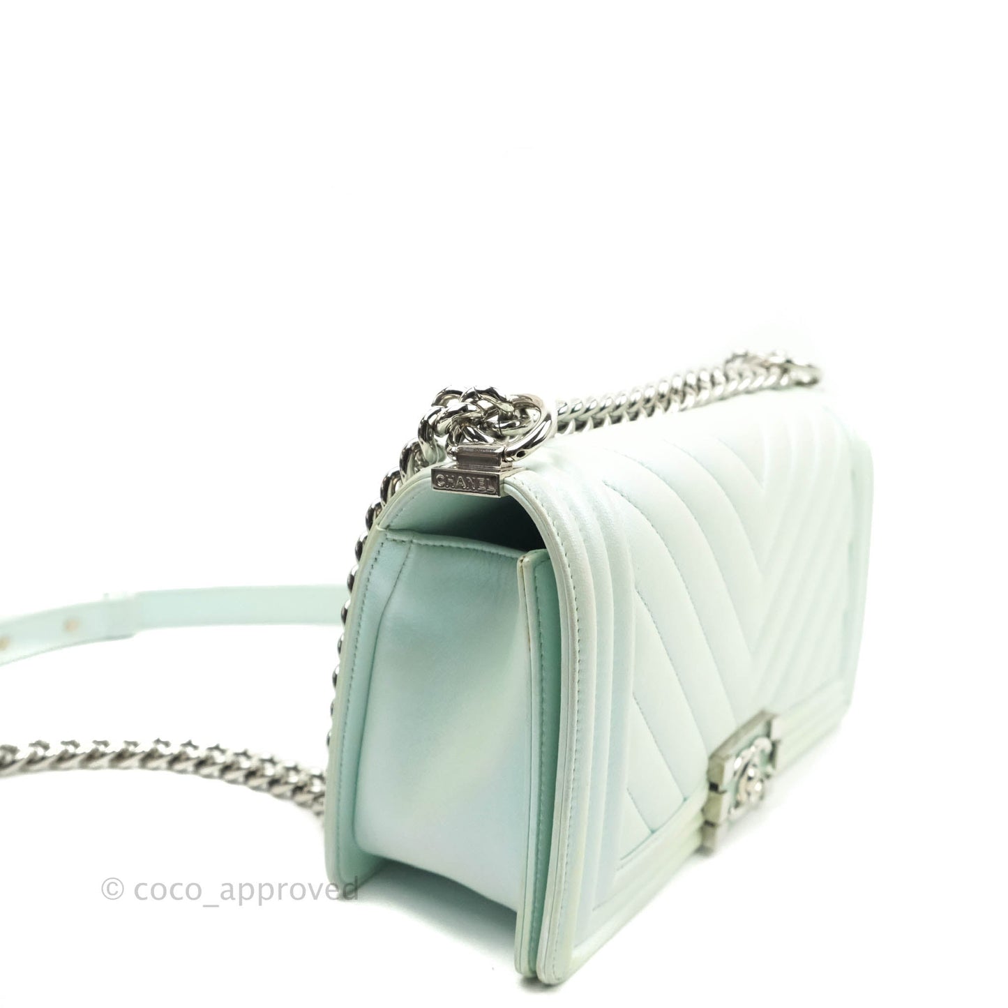 Chanel Medium Chevron Boy Iridescent Light Mint Calfskin Silver Hardware