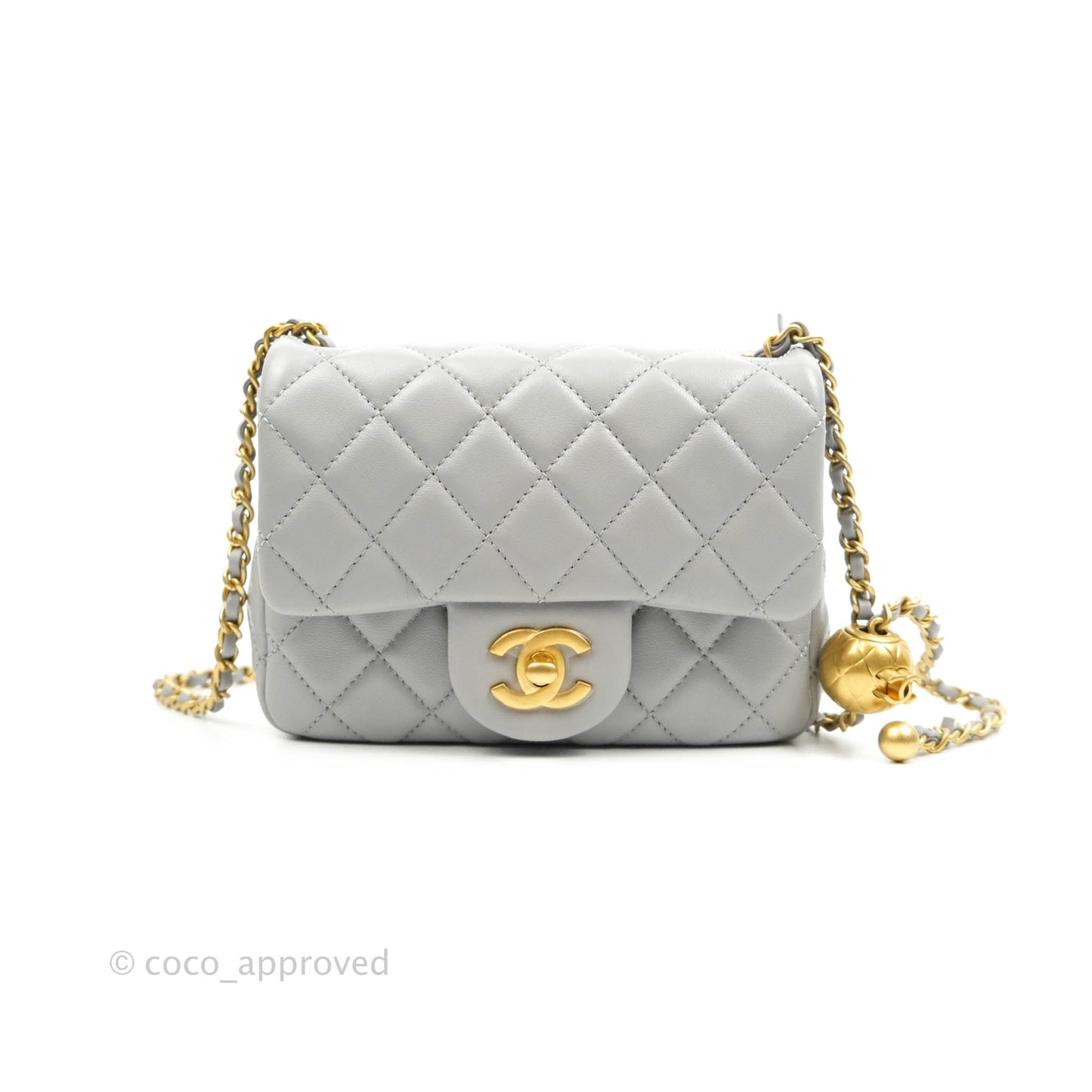 Chanel Pearl Crush Mini Square Quilted Grey Lambskin Aged Gold Hardware