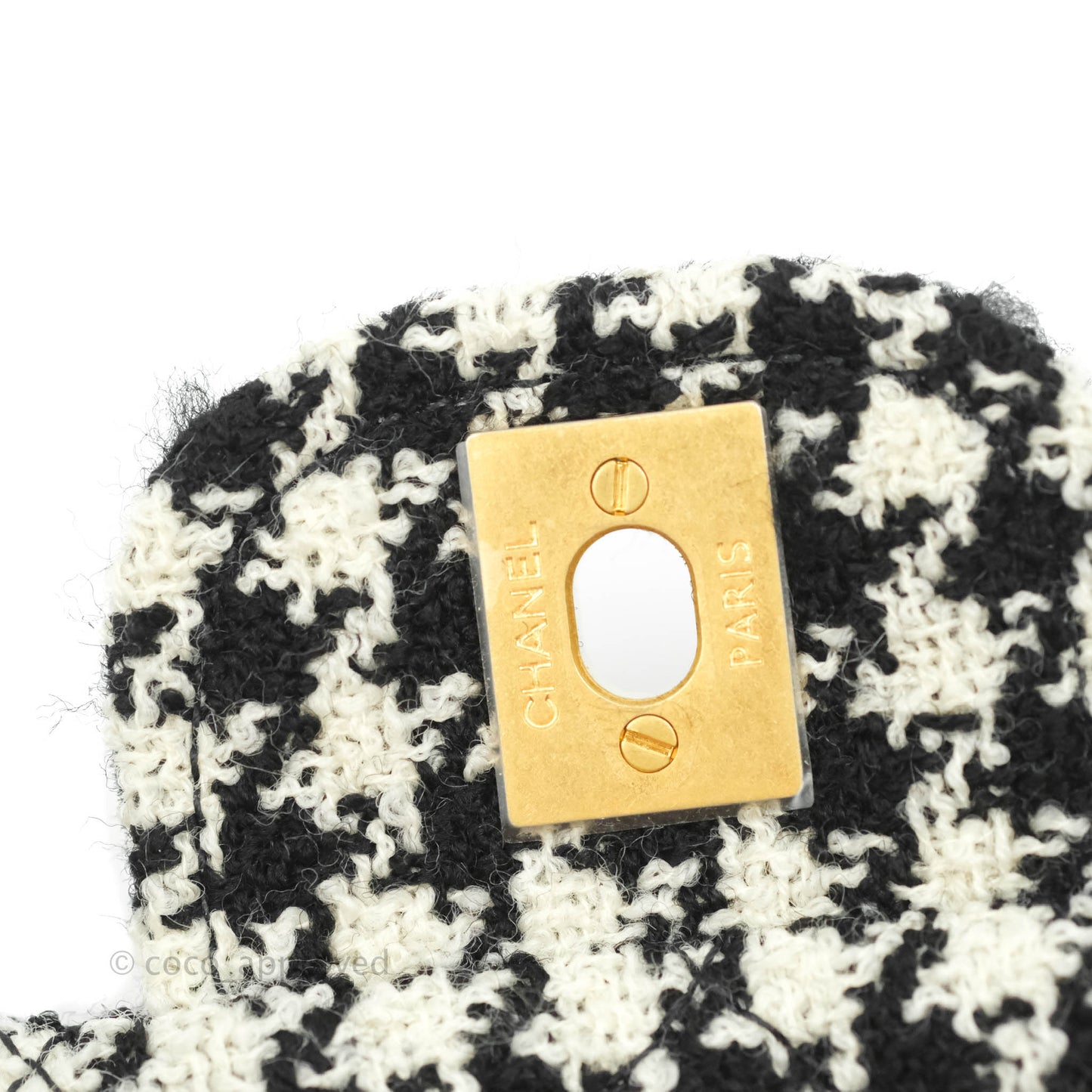Chanel Mini Square Flap Shearling & Tweed Black & White Aged Gold Hardware 20A