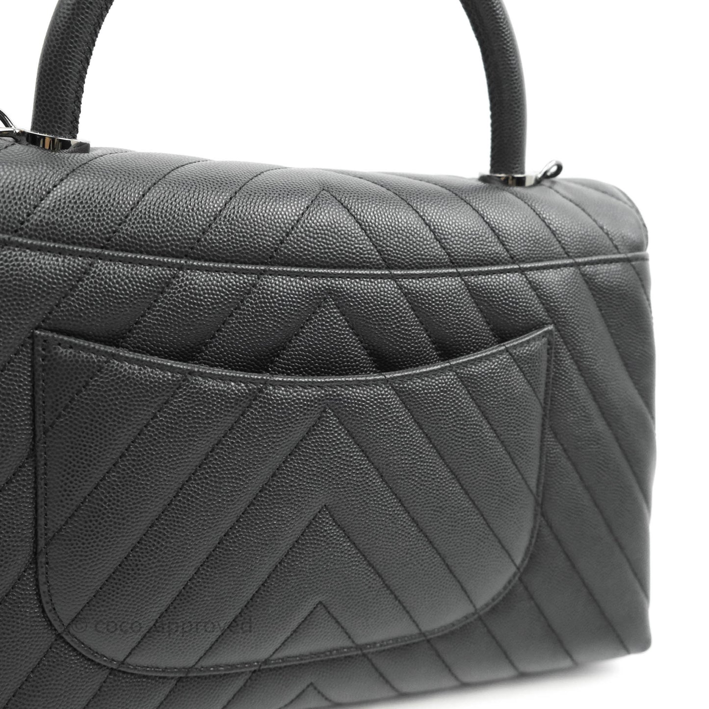Chanel Medium (Small) Coco Handle Chevron Dark Grey Caviar Black Hardware