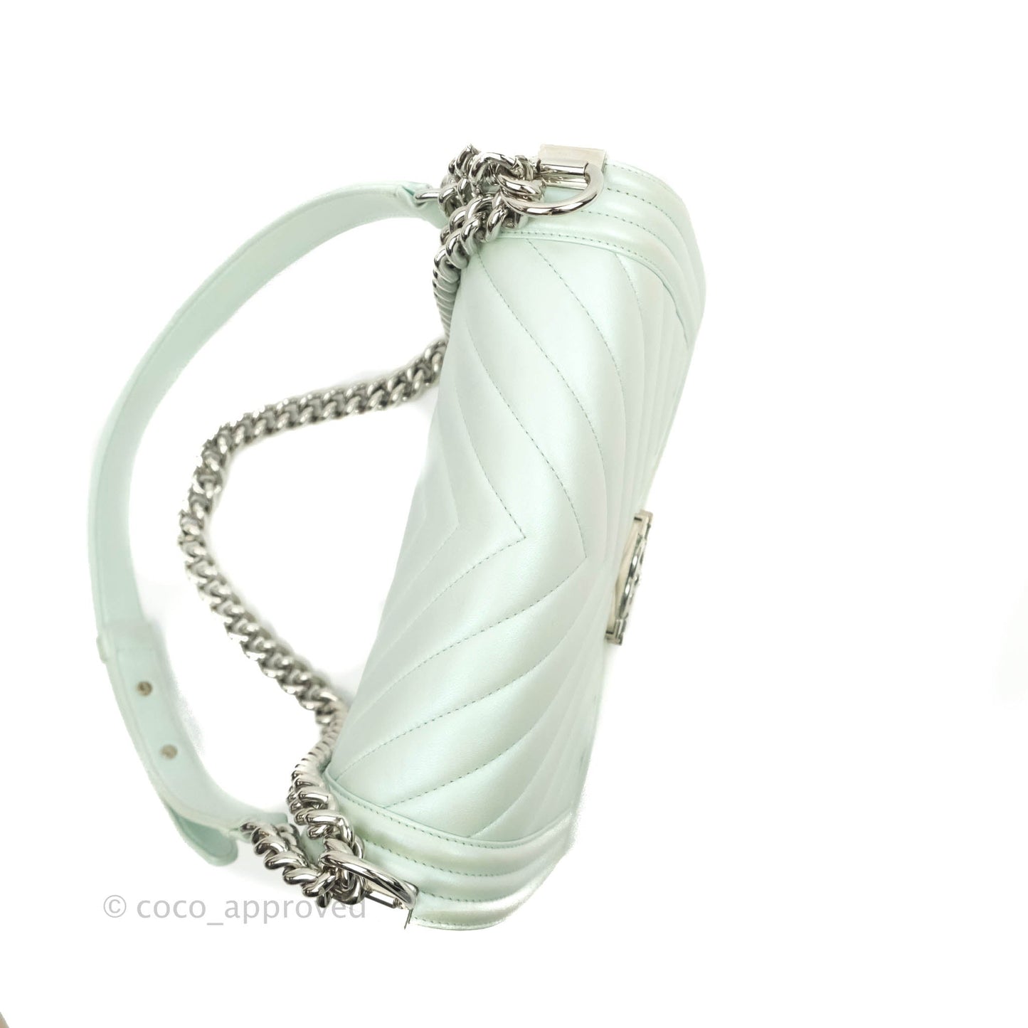 Chanel Medium Chevron Boy Iridescent Light Mint Calfskin Silver Hardware