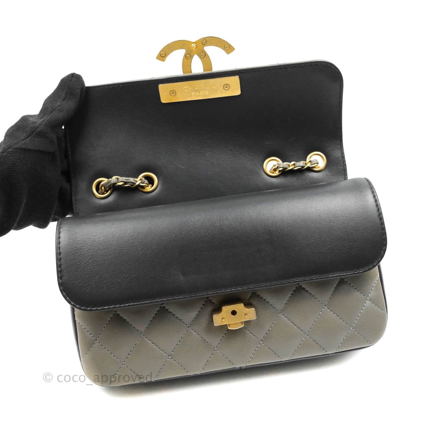 Chanel Small Enamel CC Flap Bag Quilted Grey Lambskin Aged Gold Hardware