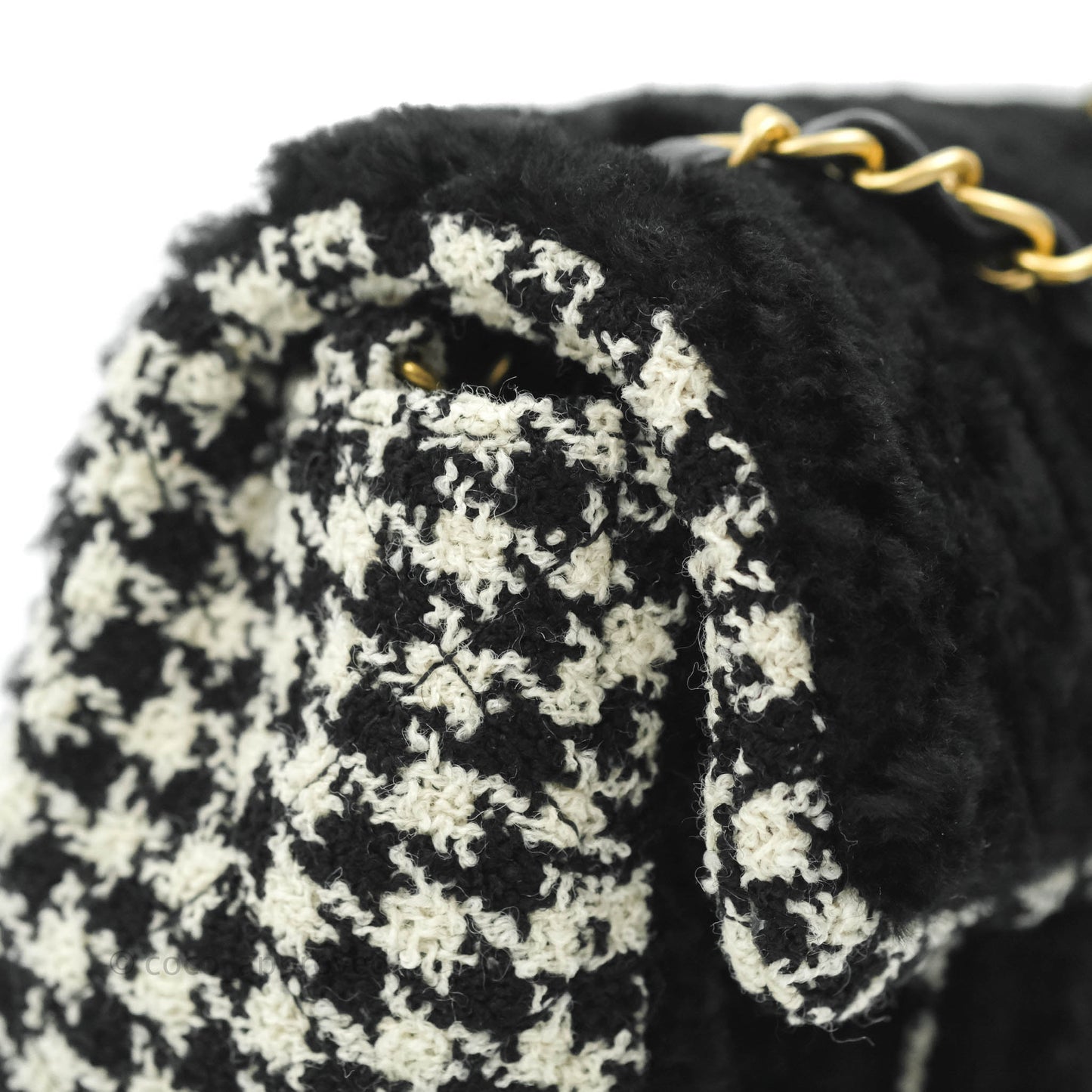 Chanel Mini Square Flap Shearling & Tweed Black & White Aged Gold Hardware 20A