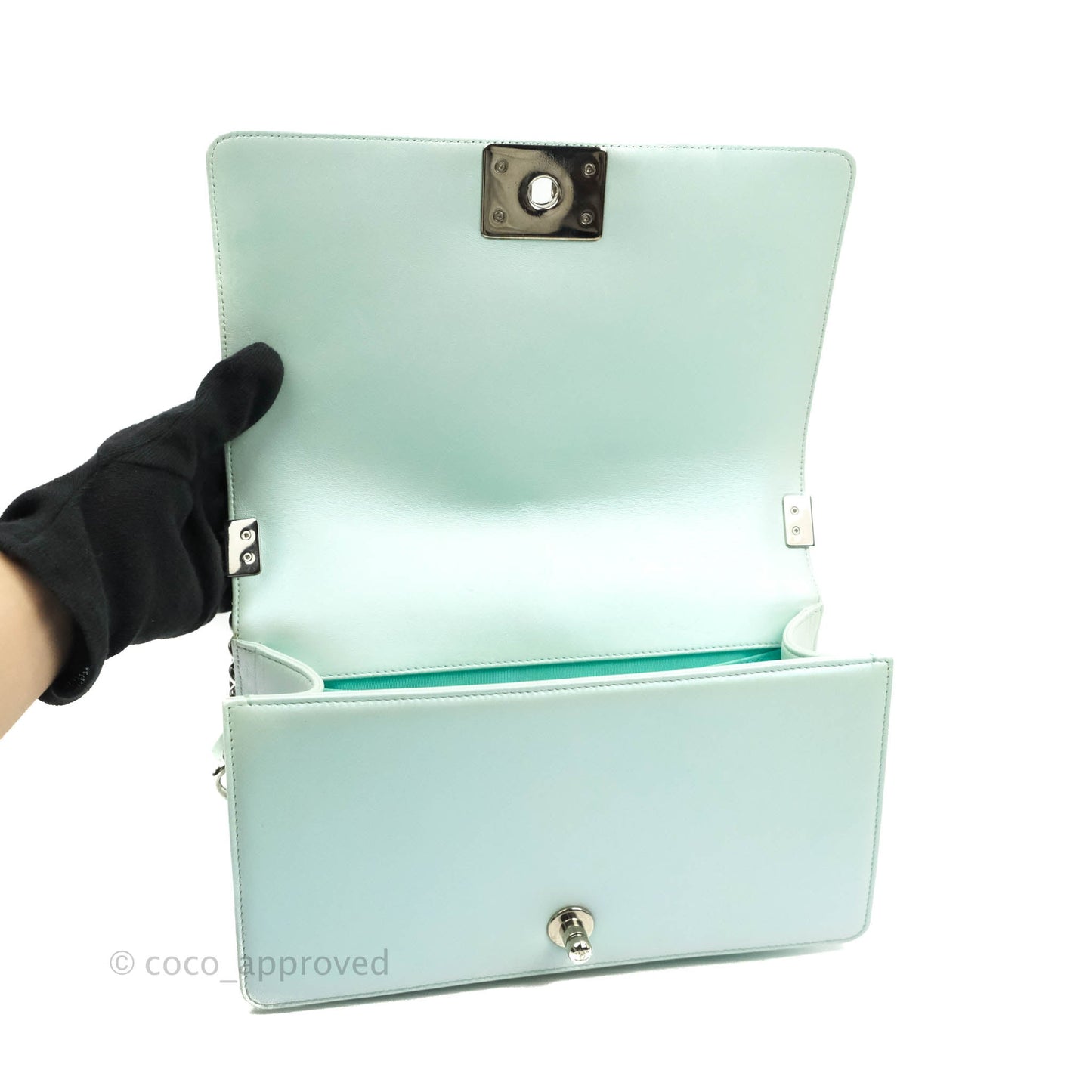 Chanel Medium Chevron Boy Iridescent Light Mint Calfskin Silver Hardware
