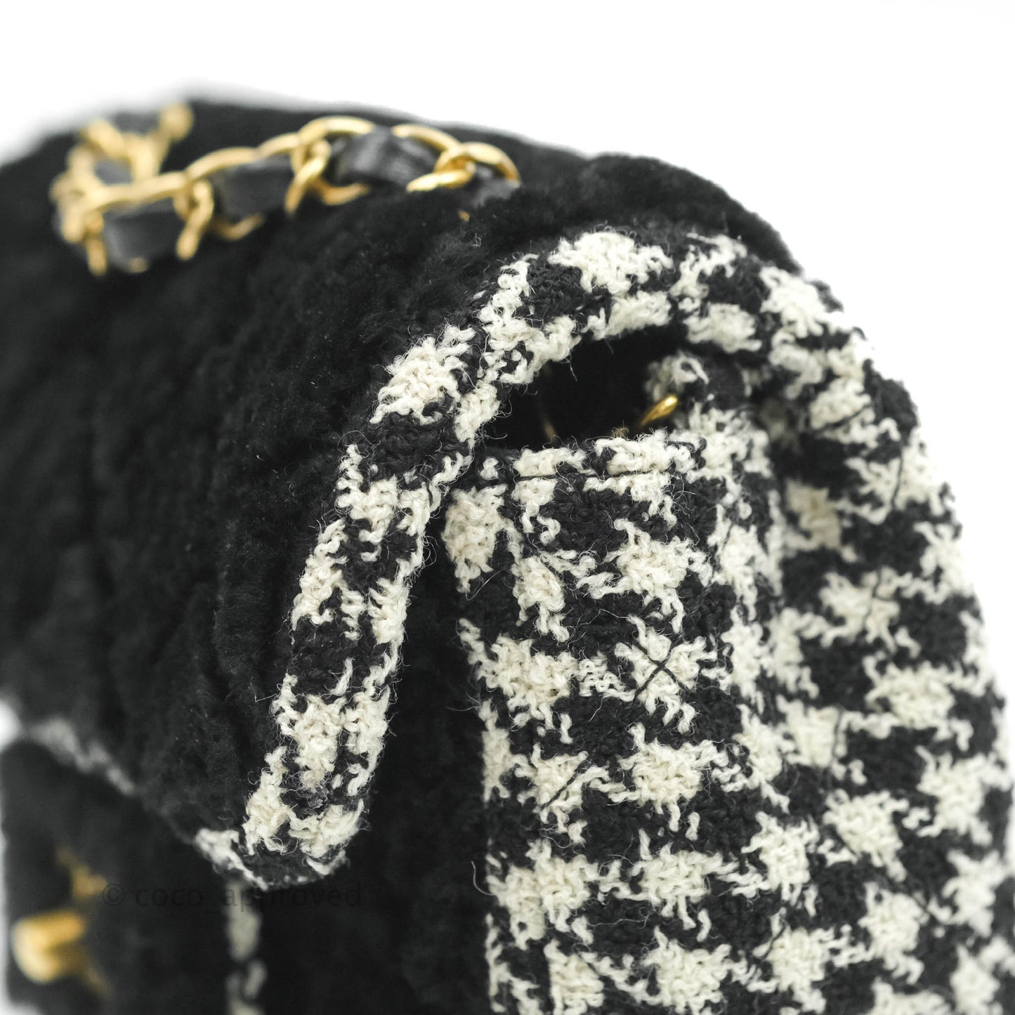 Chanel Mini Square Flap Shearling & Tweed Black & White Aged Gold Hardware 20A