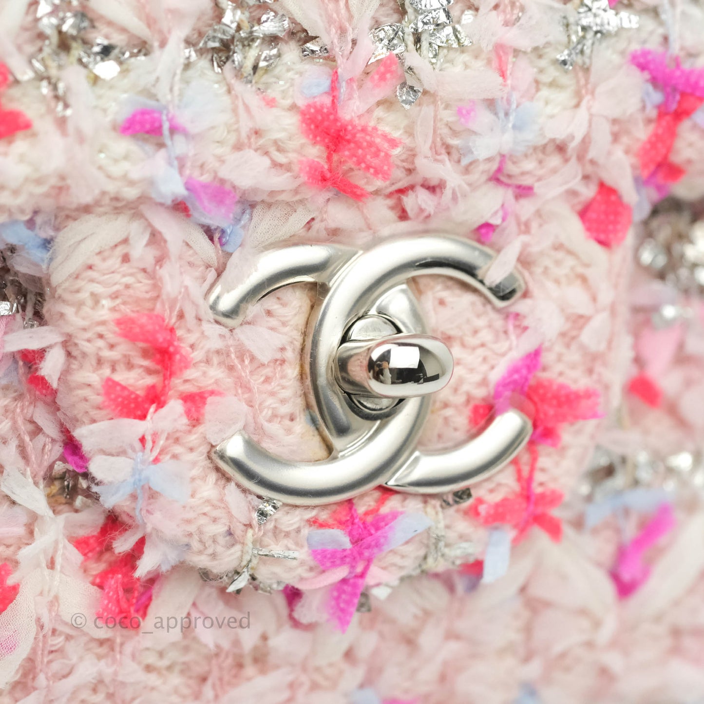 Chanel Mini Rectangular Pink Glitter Tweed Flap Silver Hardware 18S
