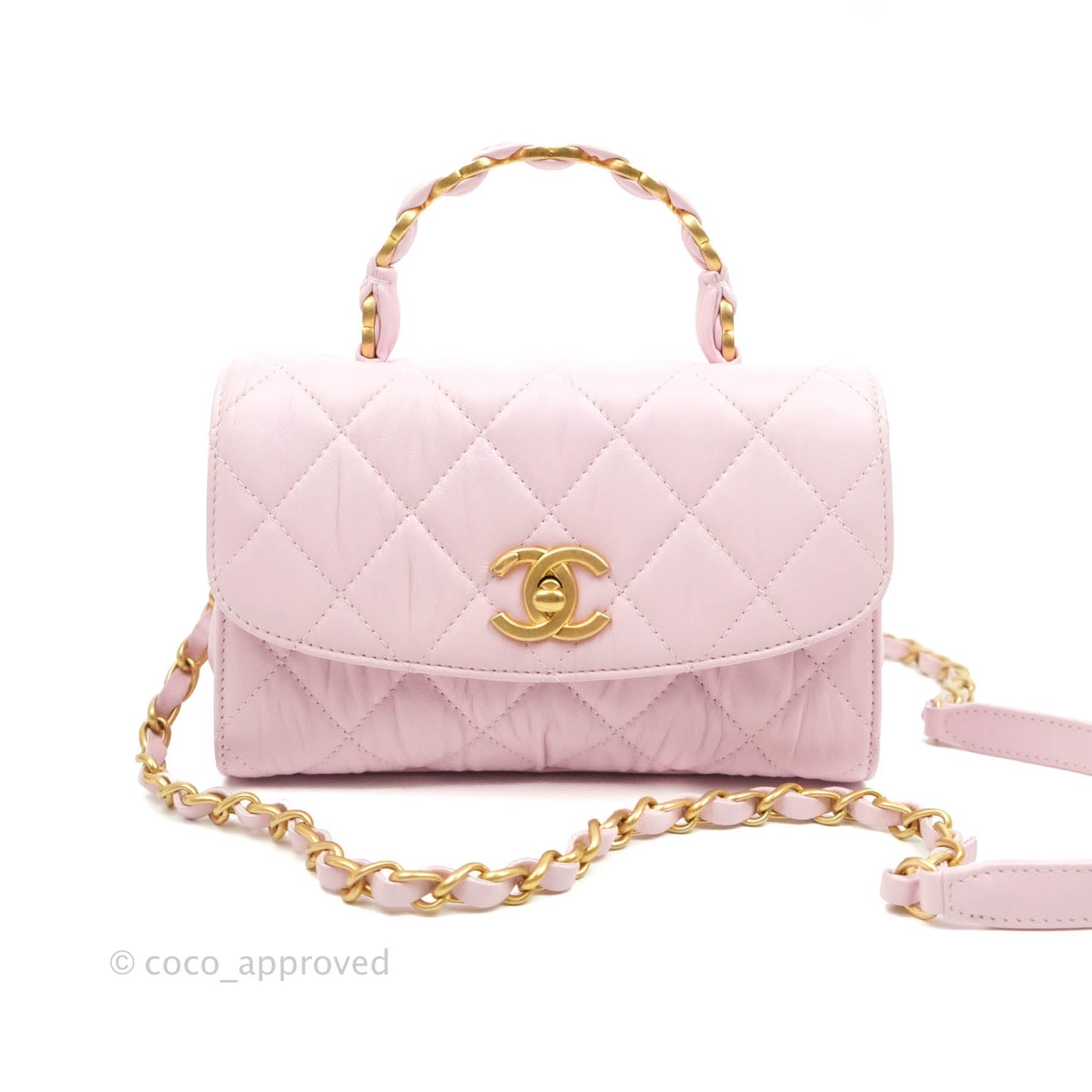Chanel Mini Flap Bag with Top Handle Pink Crumpled Lambskin Aged Gold Hardware