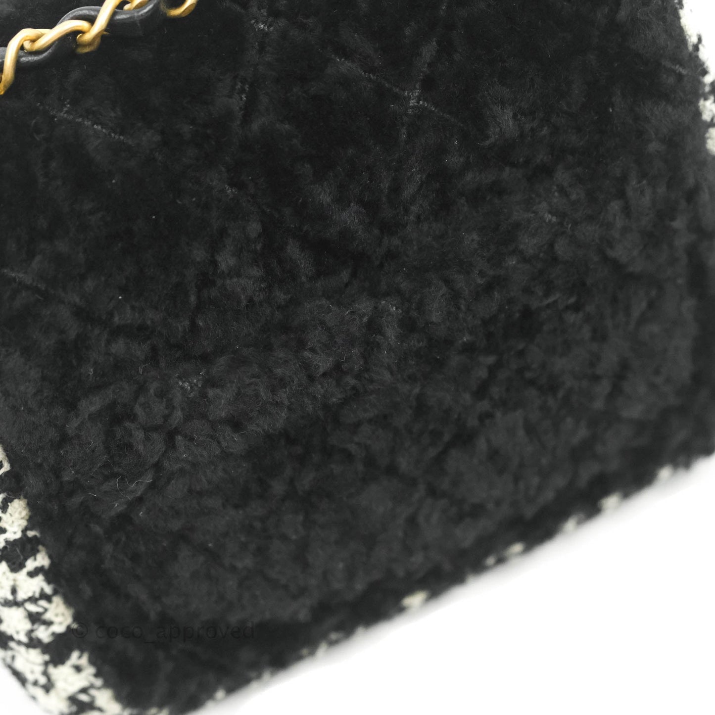Chanel Mini Square Flap Shearling & Tweed Black & White Aged Gold Hardware 20A