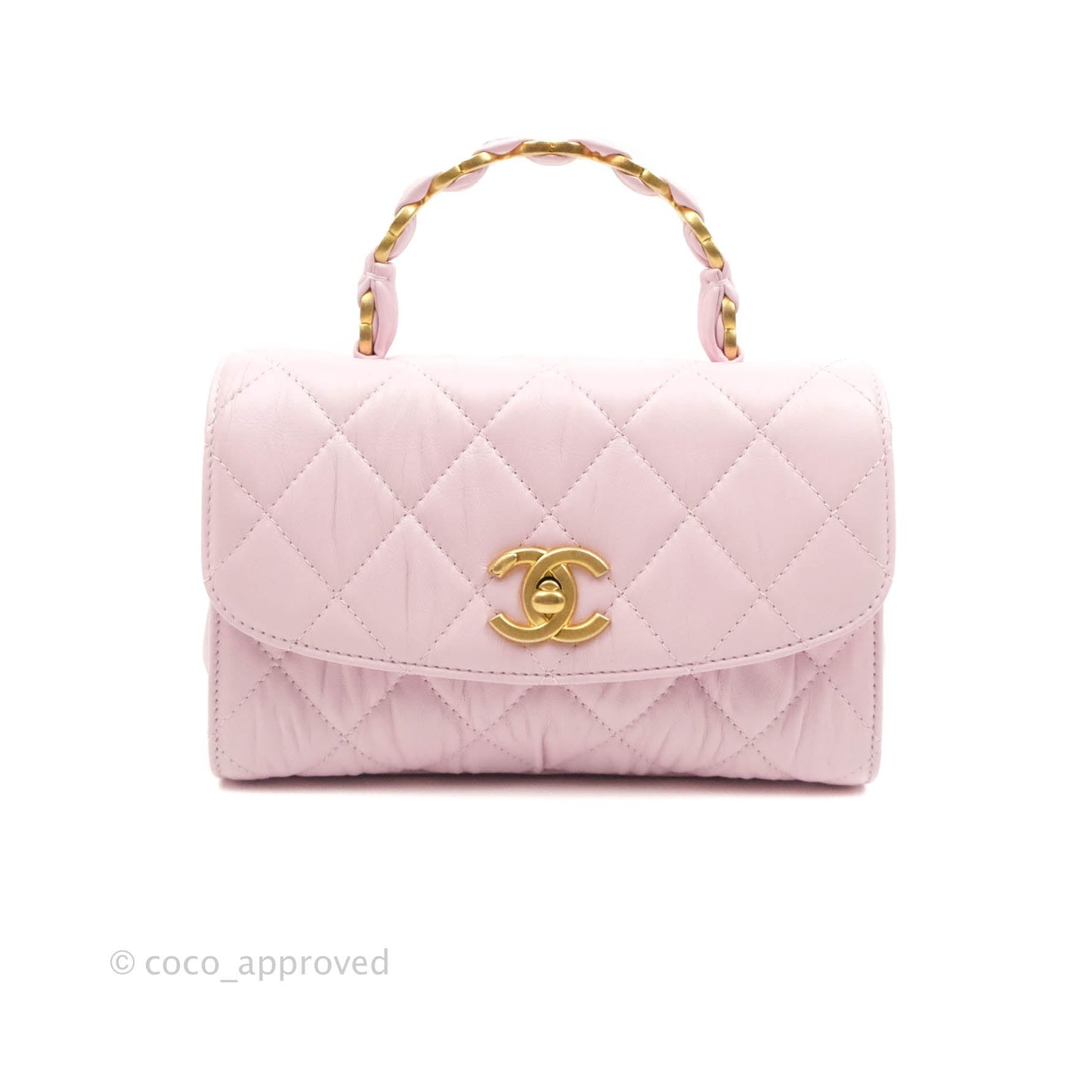 Chanel Mini Flap Bag with Top Handle Pink Crumpled Lambskin Aged Gold Hardware
