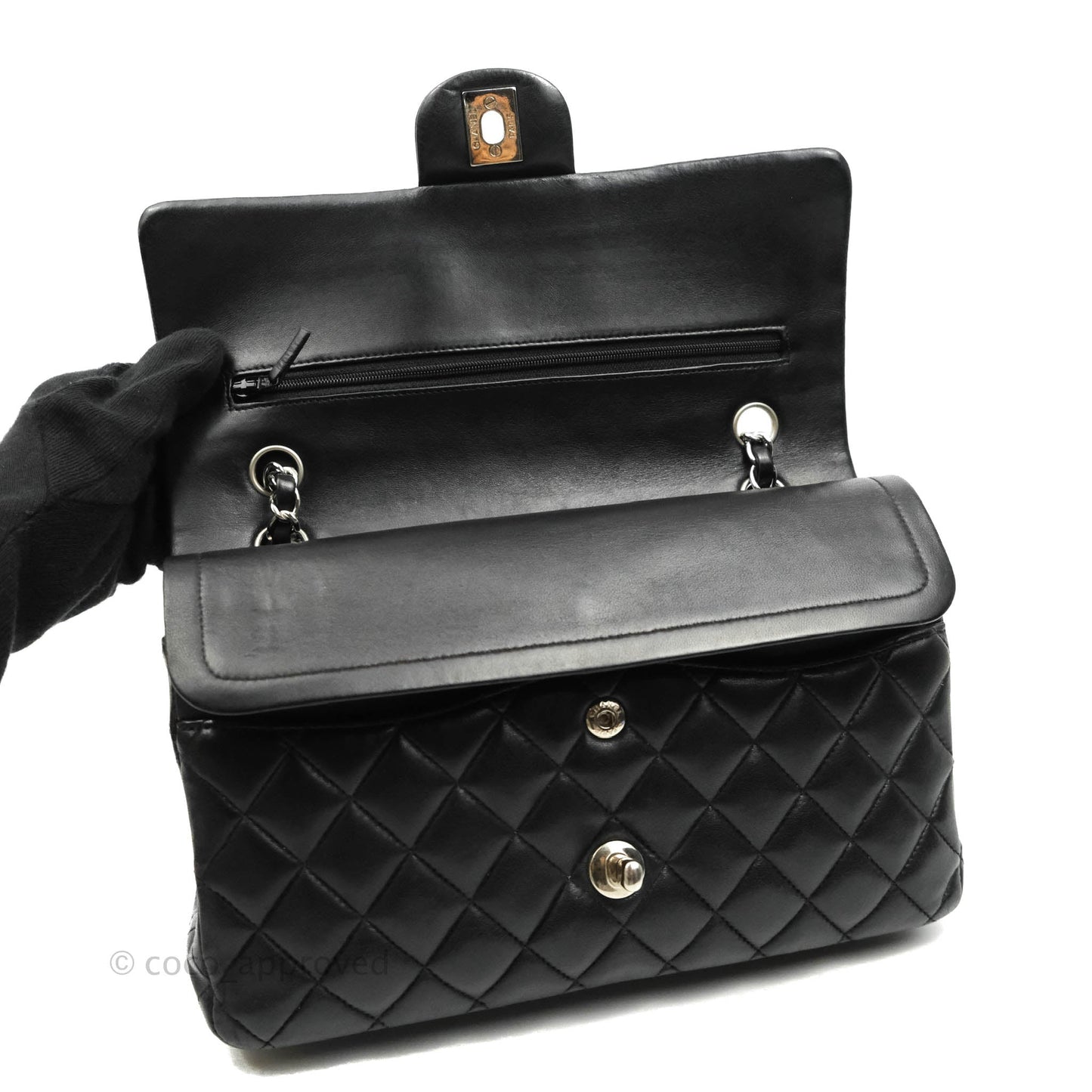 Chanel Classic M/L Medium Double Flap Black Lambskin Silver Hardware