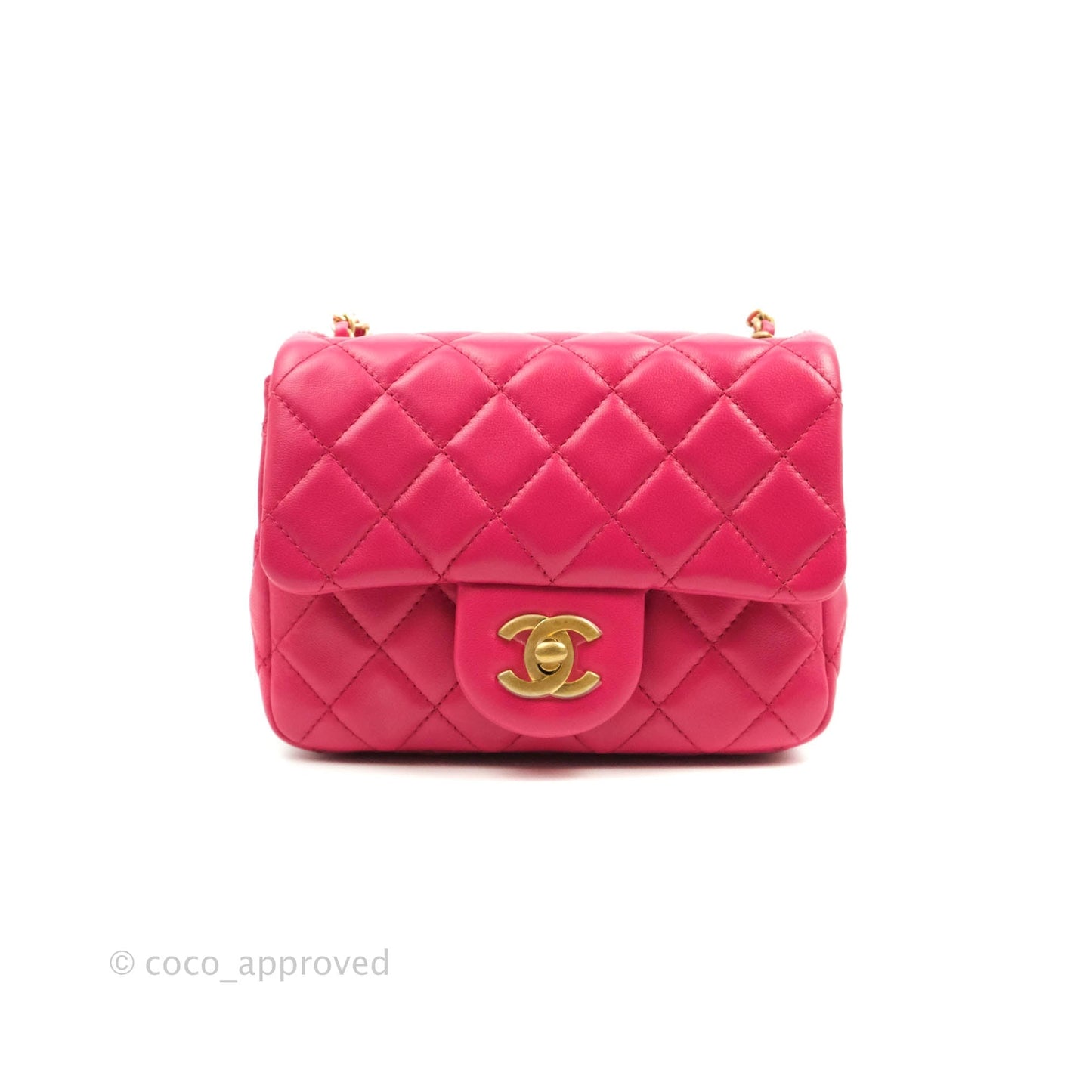 Chanel Pearl Crush Mini Square Quilted Pink Lambskin Aged Gold Hardware