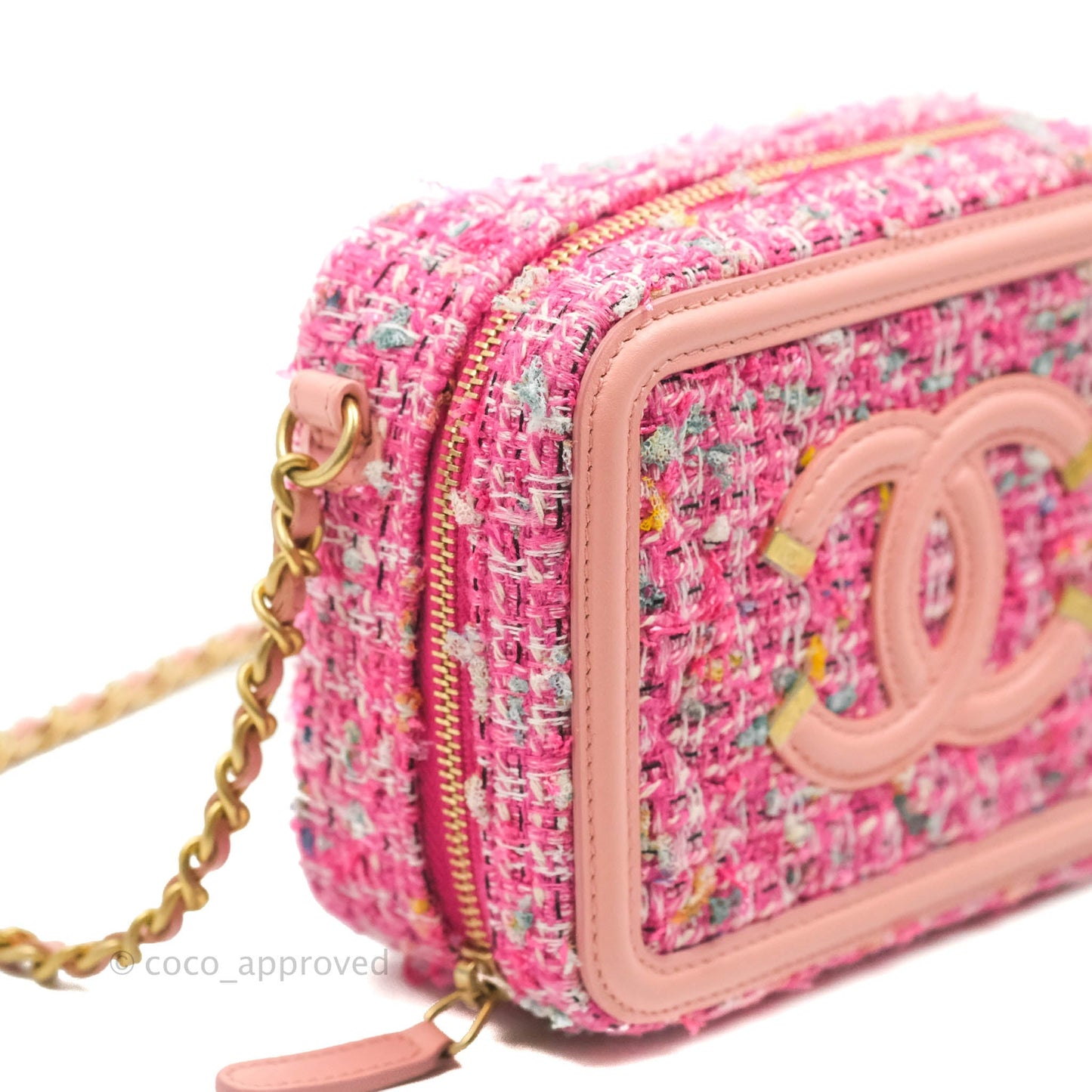 Chanel CC Filigree Vanity Clutch With Chain Pink Tweed