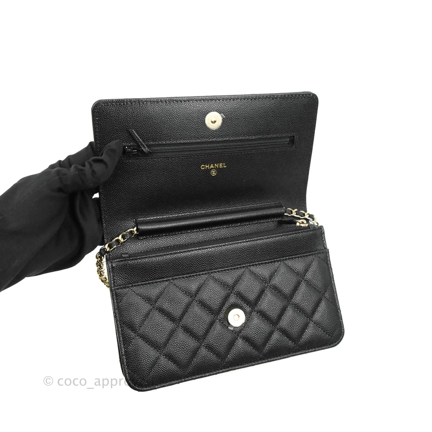 Chanel Quilted WOC Black Caviar Gold Hardware With Charms