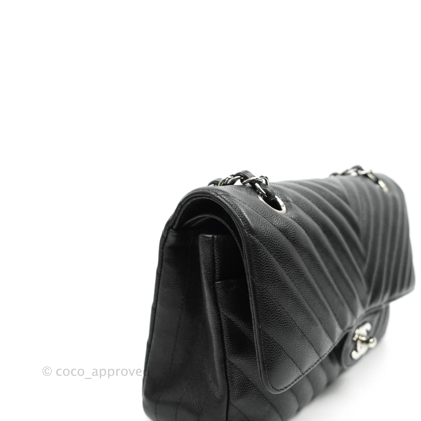 Chanel Classic M/L Medium Chevron Double Flap Black Caviar Silver Hardware