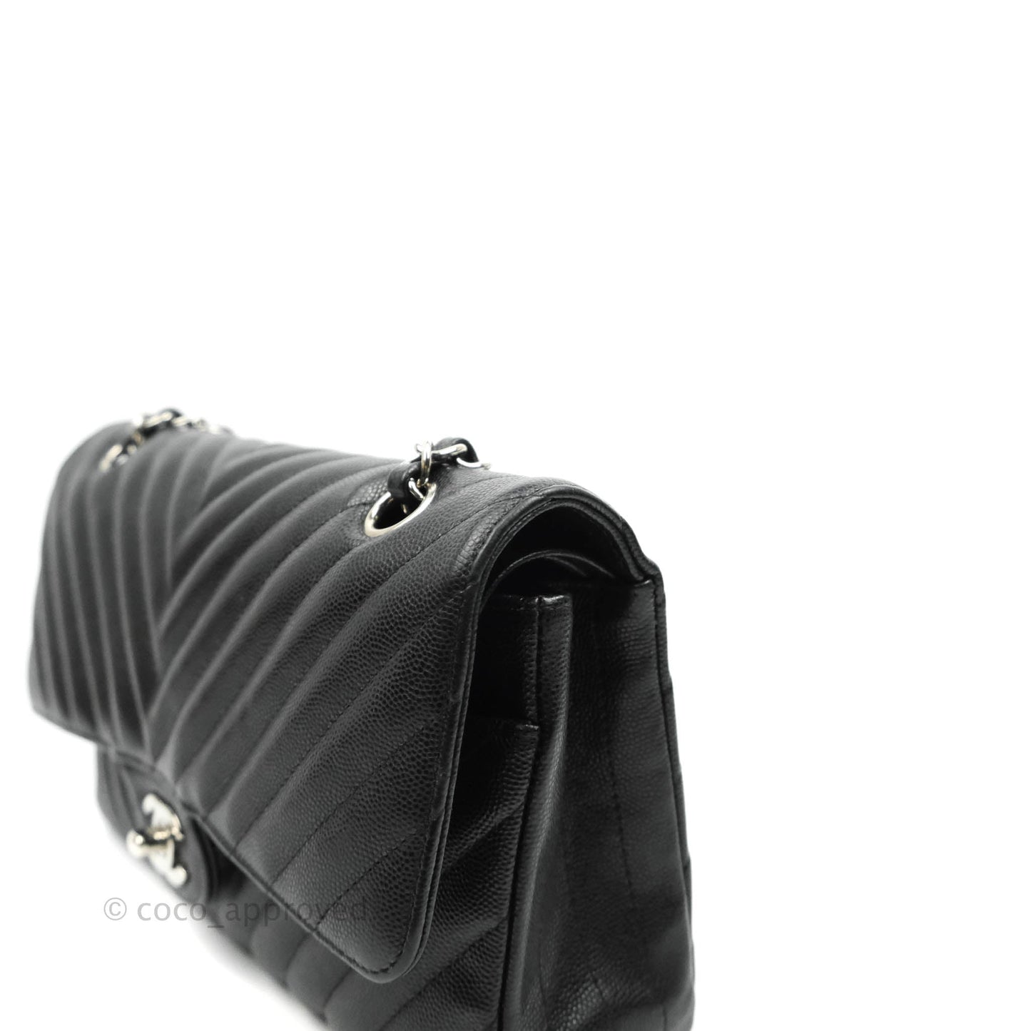 Chanel Classic M/L Medium Chevron Double Flap Black Caviar Silver Hardware