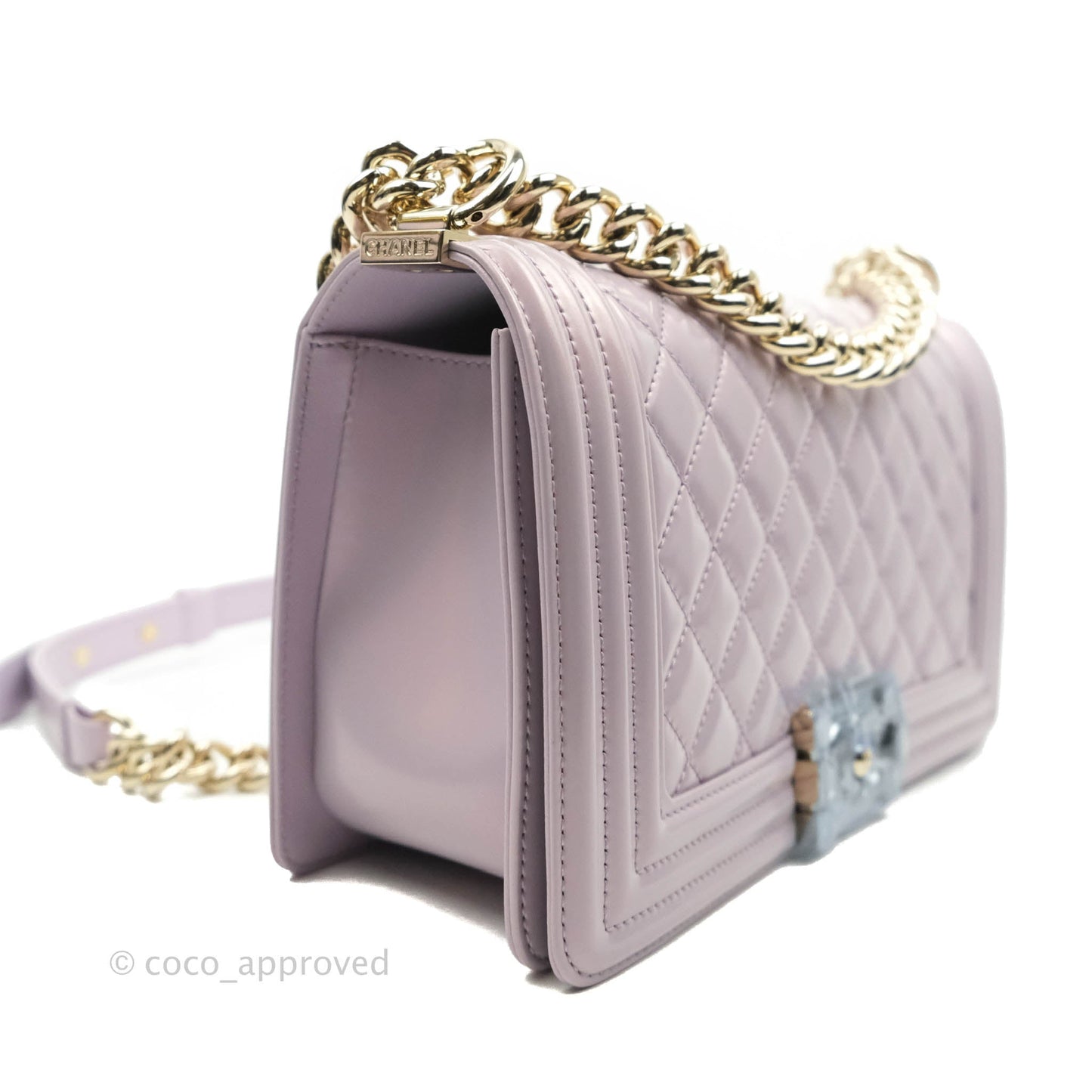 Chanel Quilted Medium Boy Iridescent Lilac Calfskin Light Gold Hardware