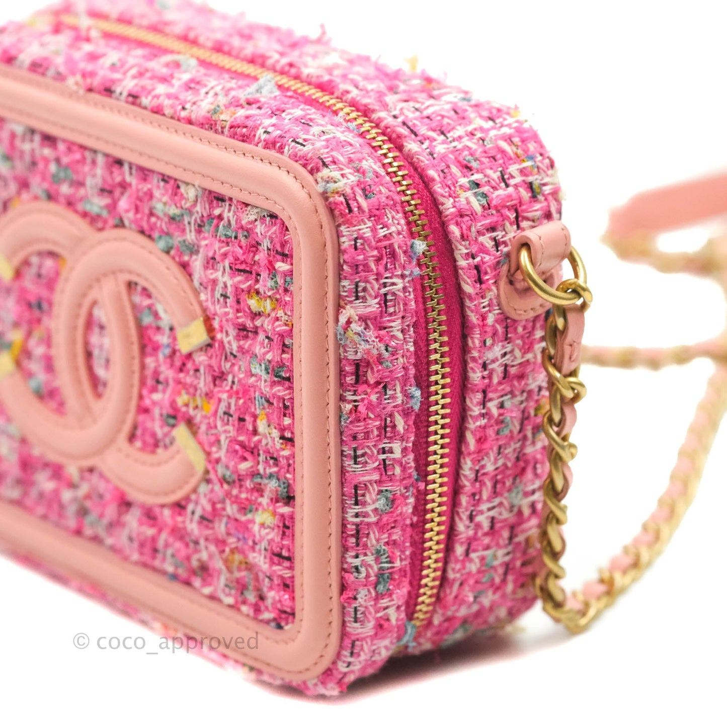 Chanel CC Filigree Vanity Clutch With Chain Pink Tweed