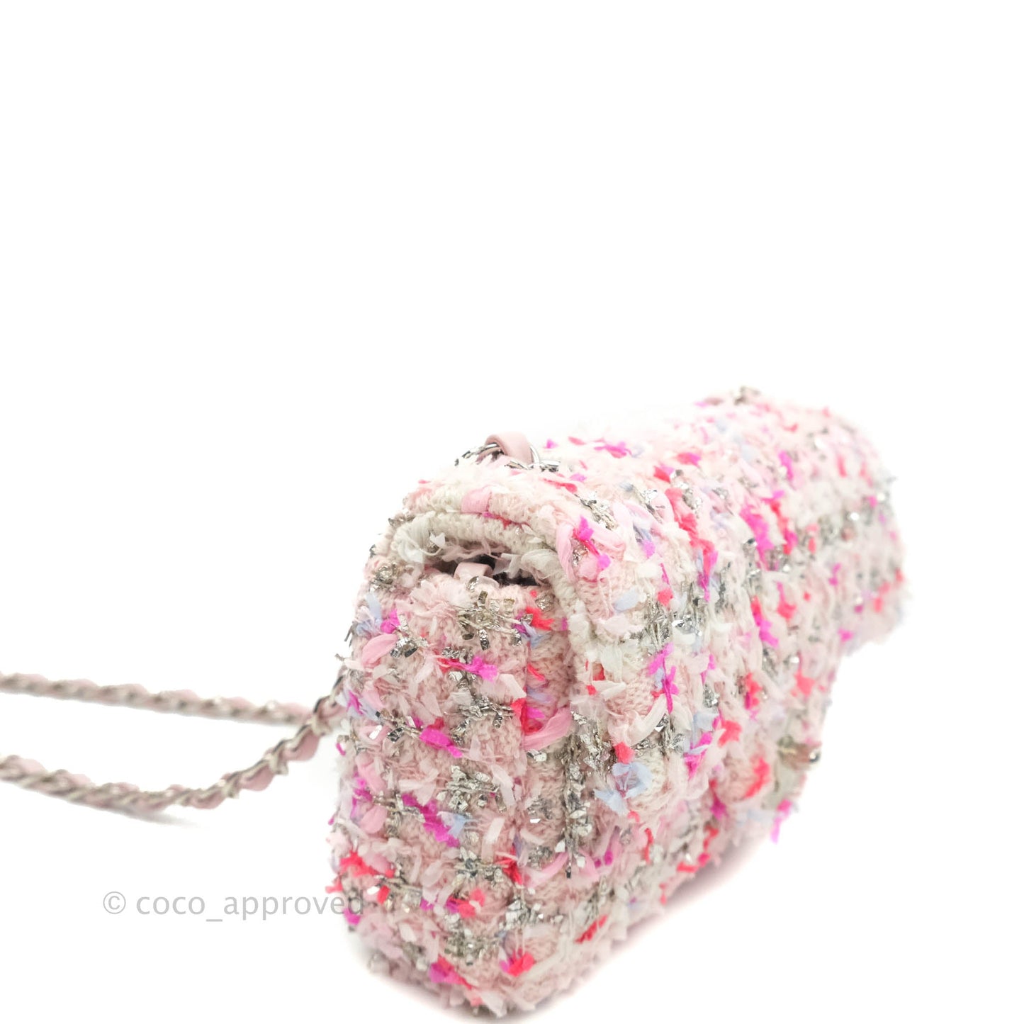 Chanel Mini Rectangular Pink Glitter Tweed Flap Silver Hardware 18S