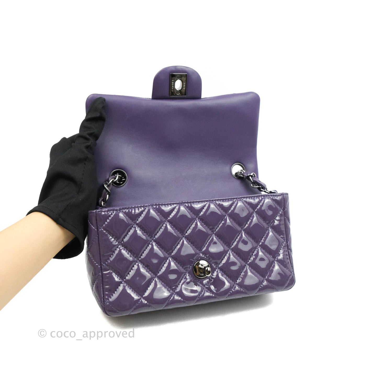 Chanel Quilted Mini Rectangular Flap Purple Patent Gun Metal