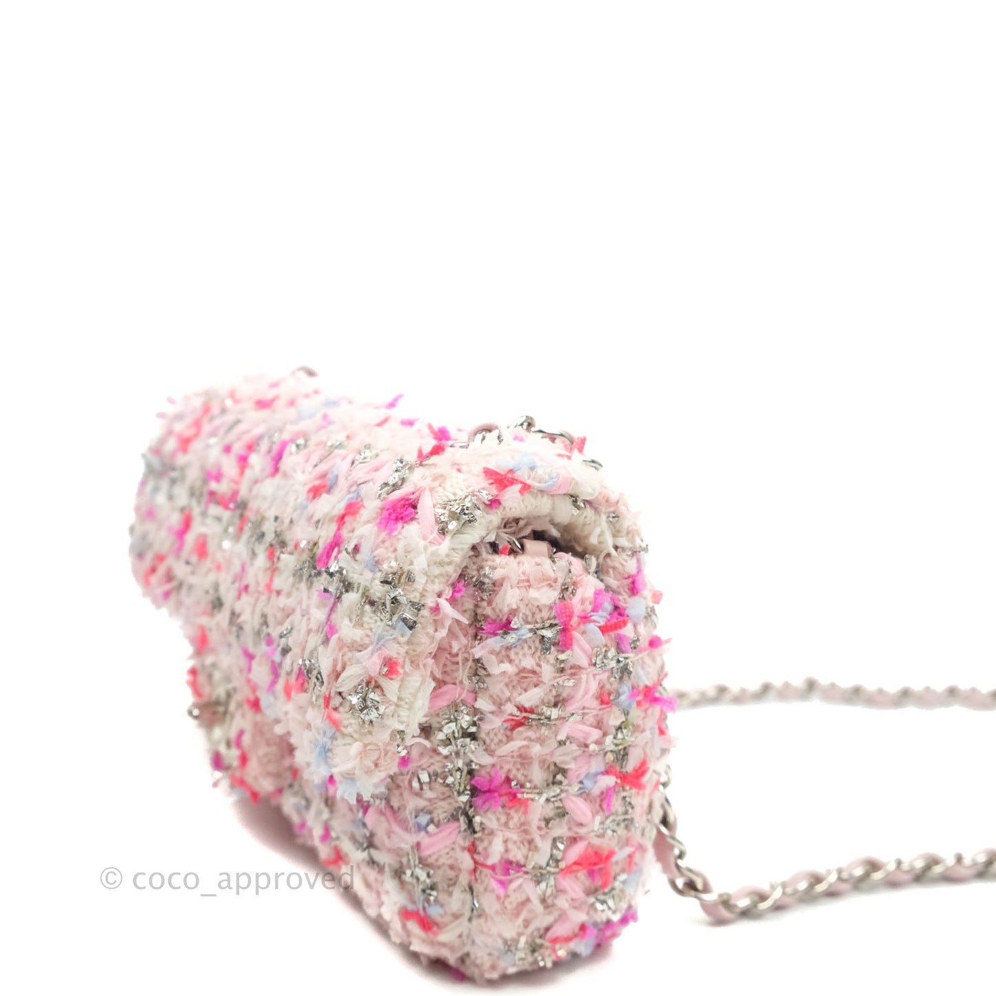 Chanel Mini Rectangular Pink Glitter Tweed Flap Silver Hardware 18S
