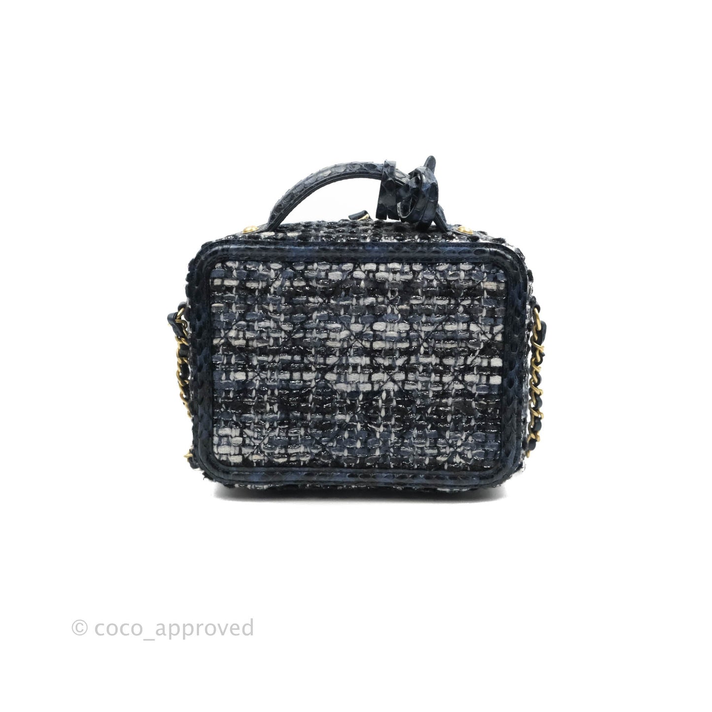 Chanel Quilted Small CC Filigree Vanity Case Navy Tweed Python Handle
