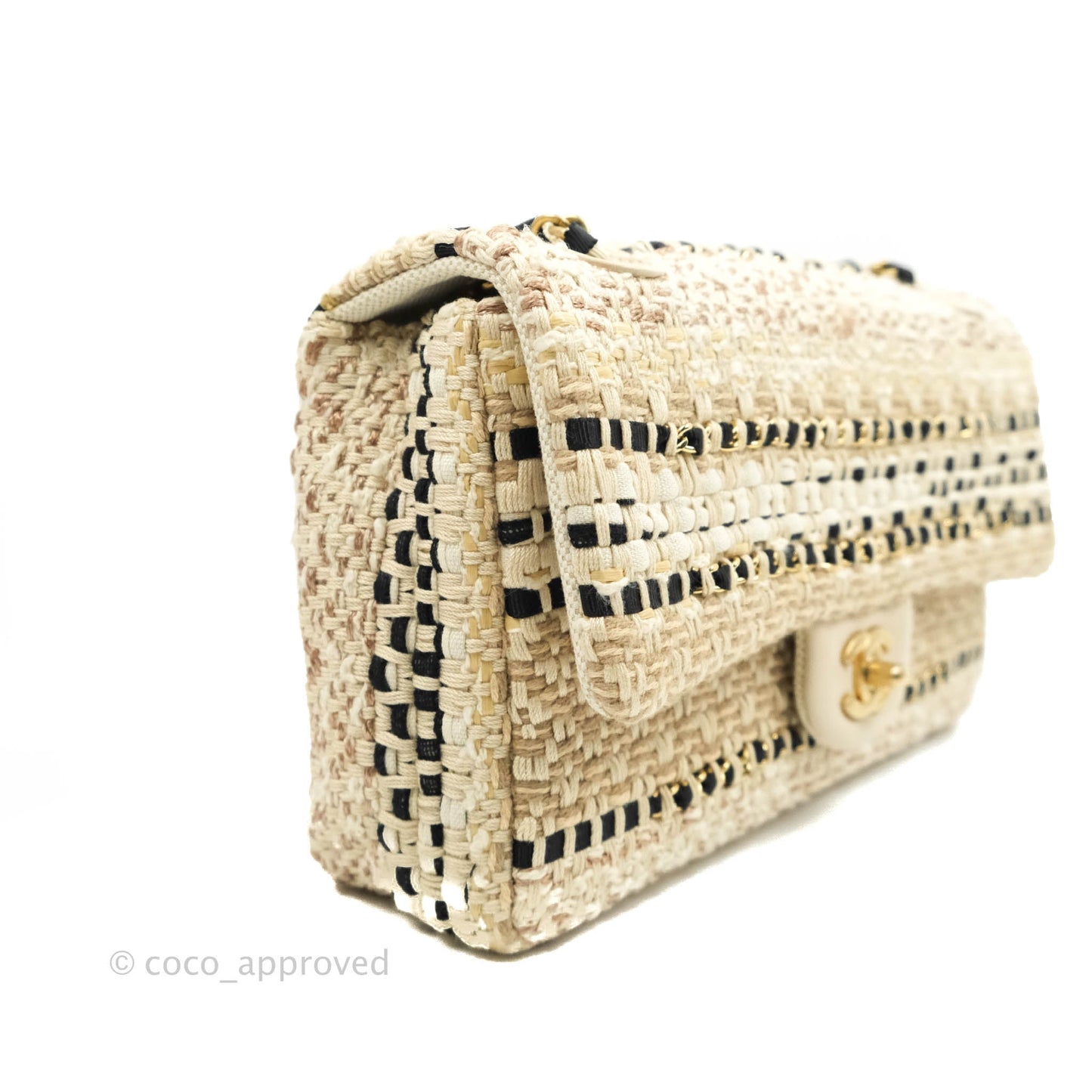 Chanel M/L Medium Flap Beige Tweed Chain Braid Aged Gold Hardware 19P