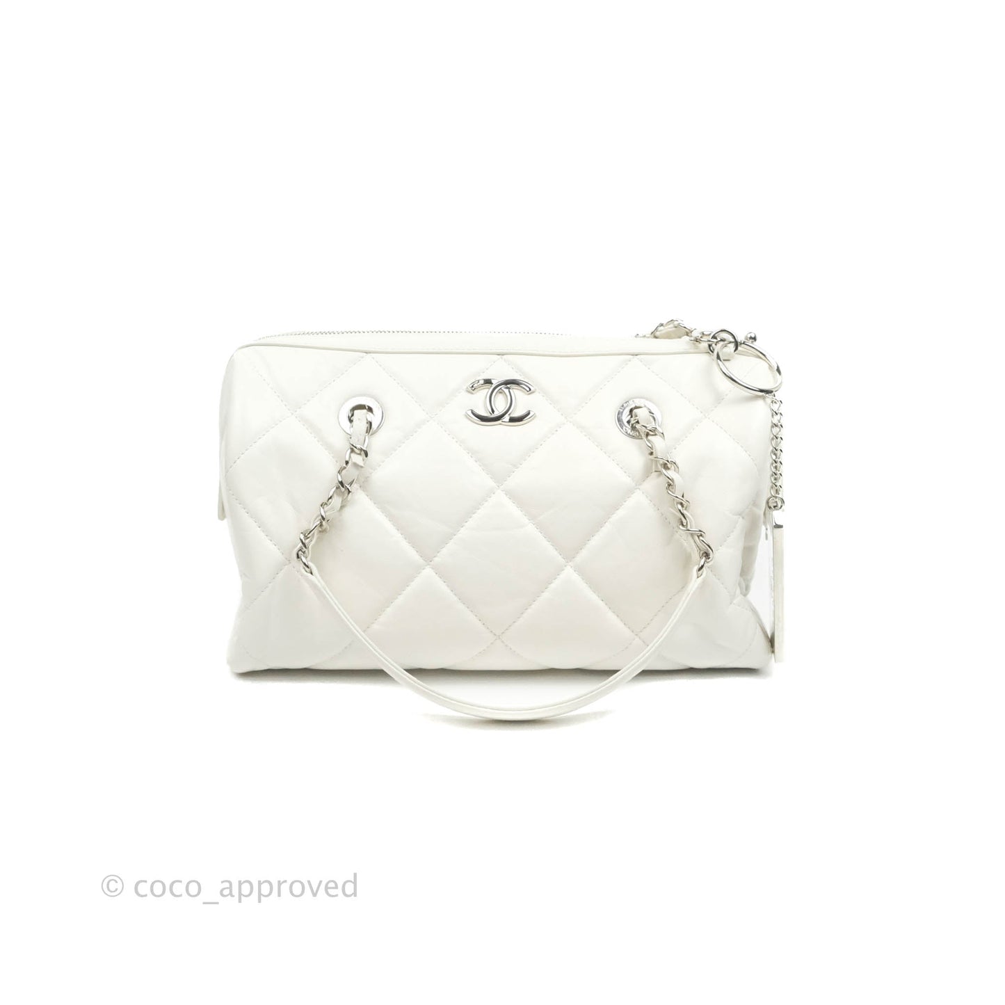 Chanel Calfskin Small Bowling Bag White Silver Hardware