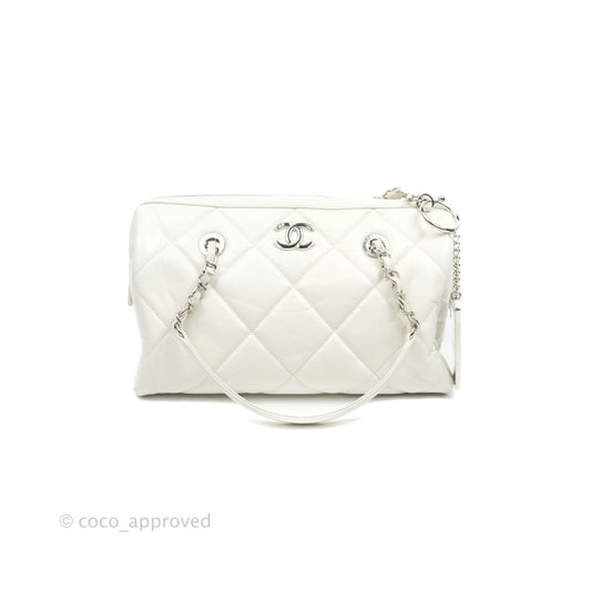 Chanel Calfskin Small Bowling Bag White Silver Hardware