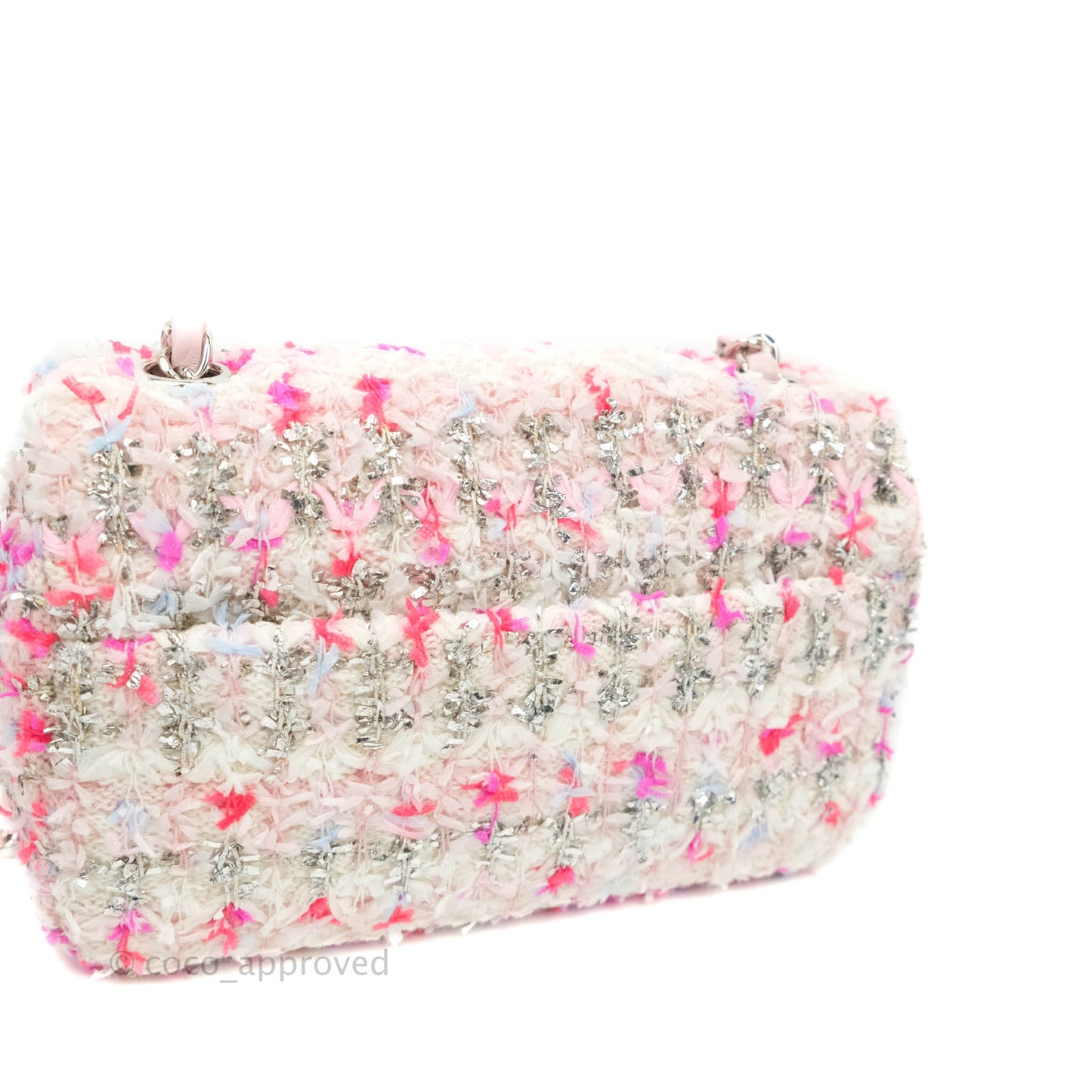 Chanel Mini Rectangular Pink Glitter Tweed Flap Silver Hardware 18S