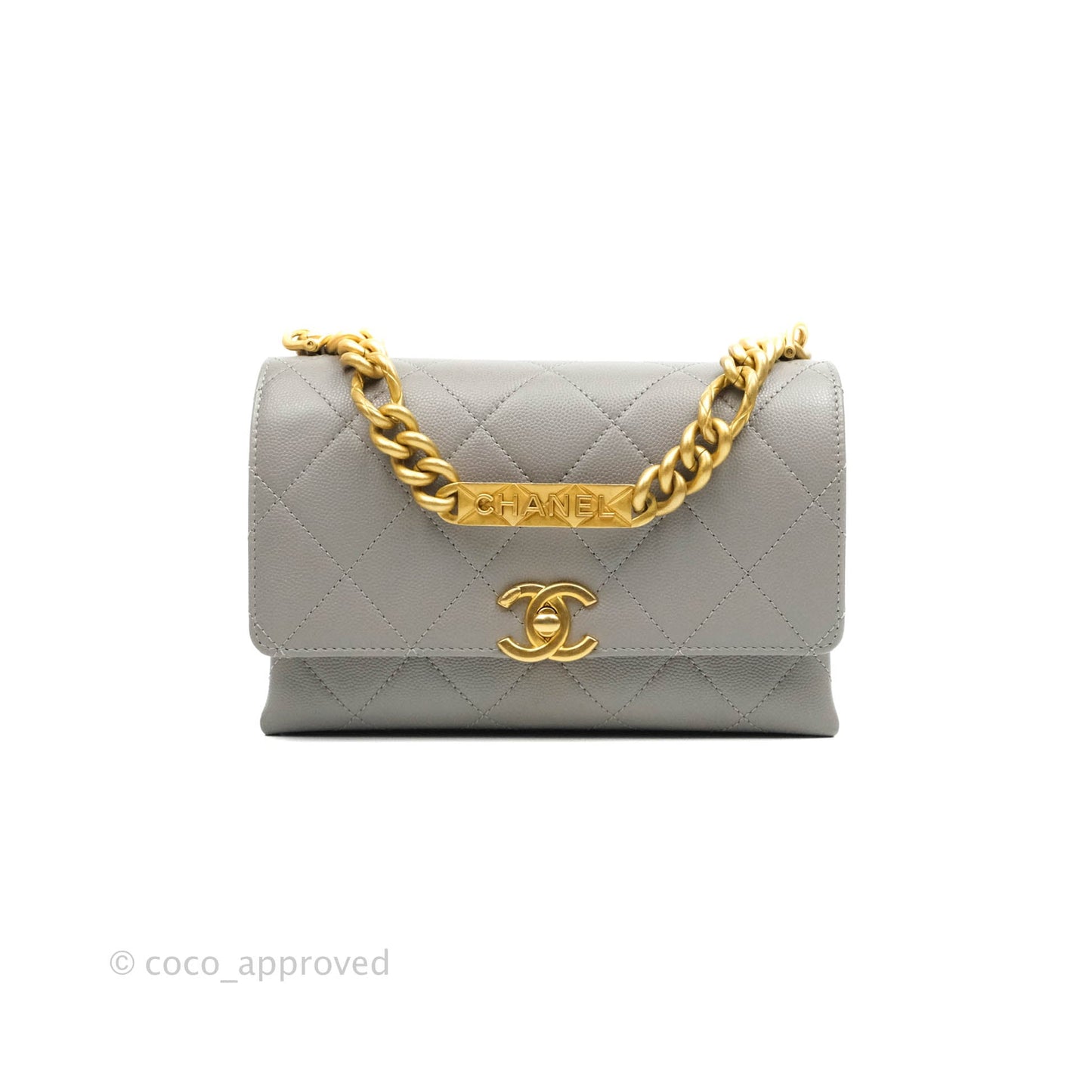 Chanel Flat Quilted Mini Flap Bag Grey Caviar Aged Gold Hardware 21B