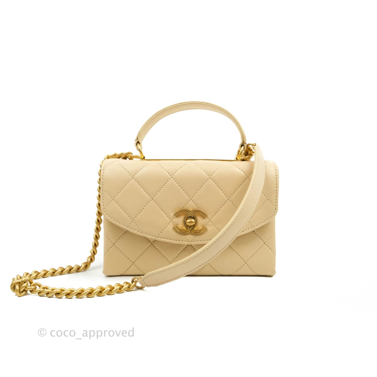 Chanel Top Handle Flap Bag Light Beige Lambskin Aged Gold Hardware