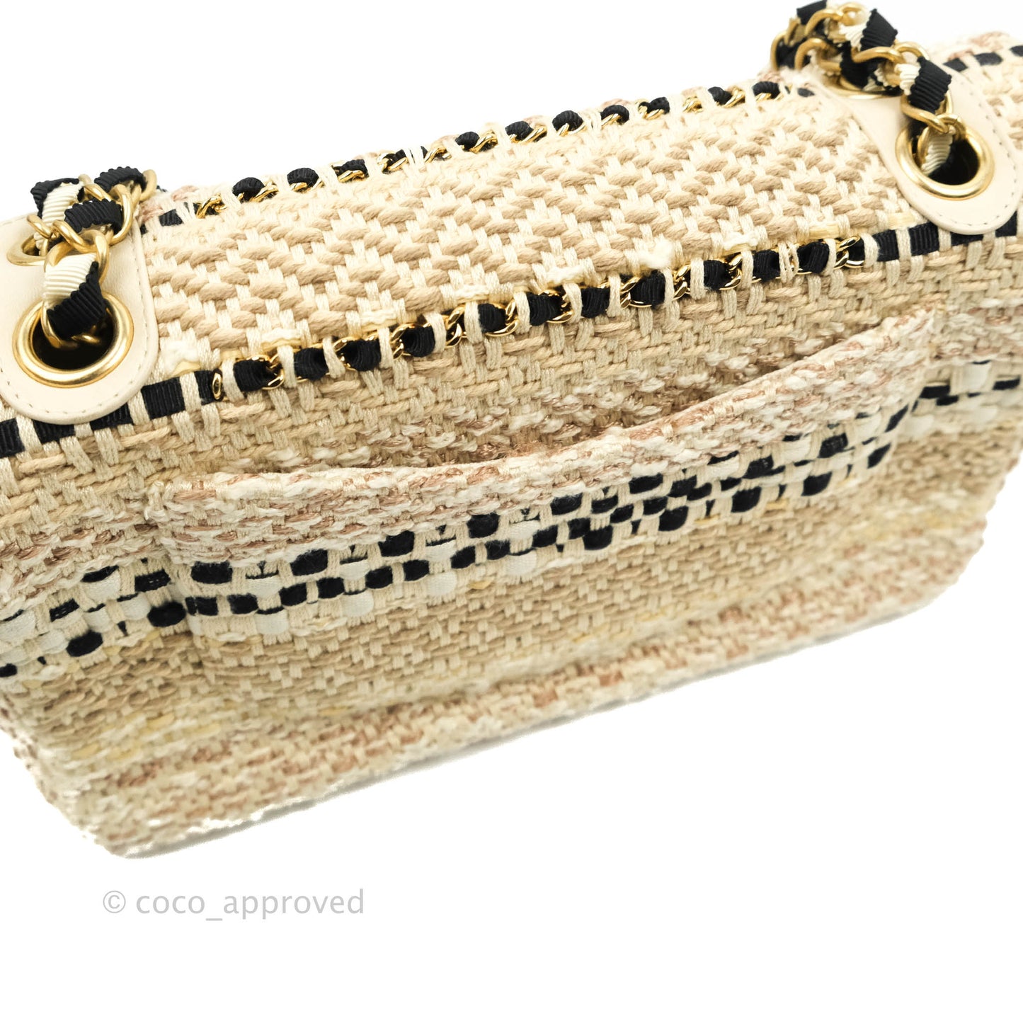 Chanel M/L Medium Flap Beige Tweed Chain Braid Aged Gold Hardware 19P