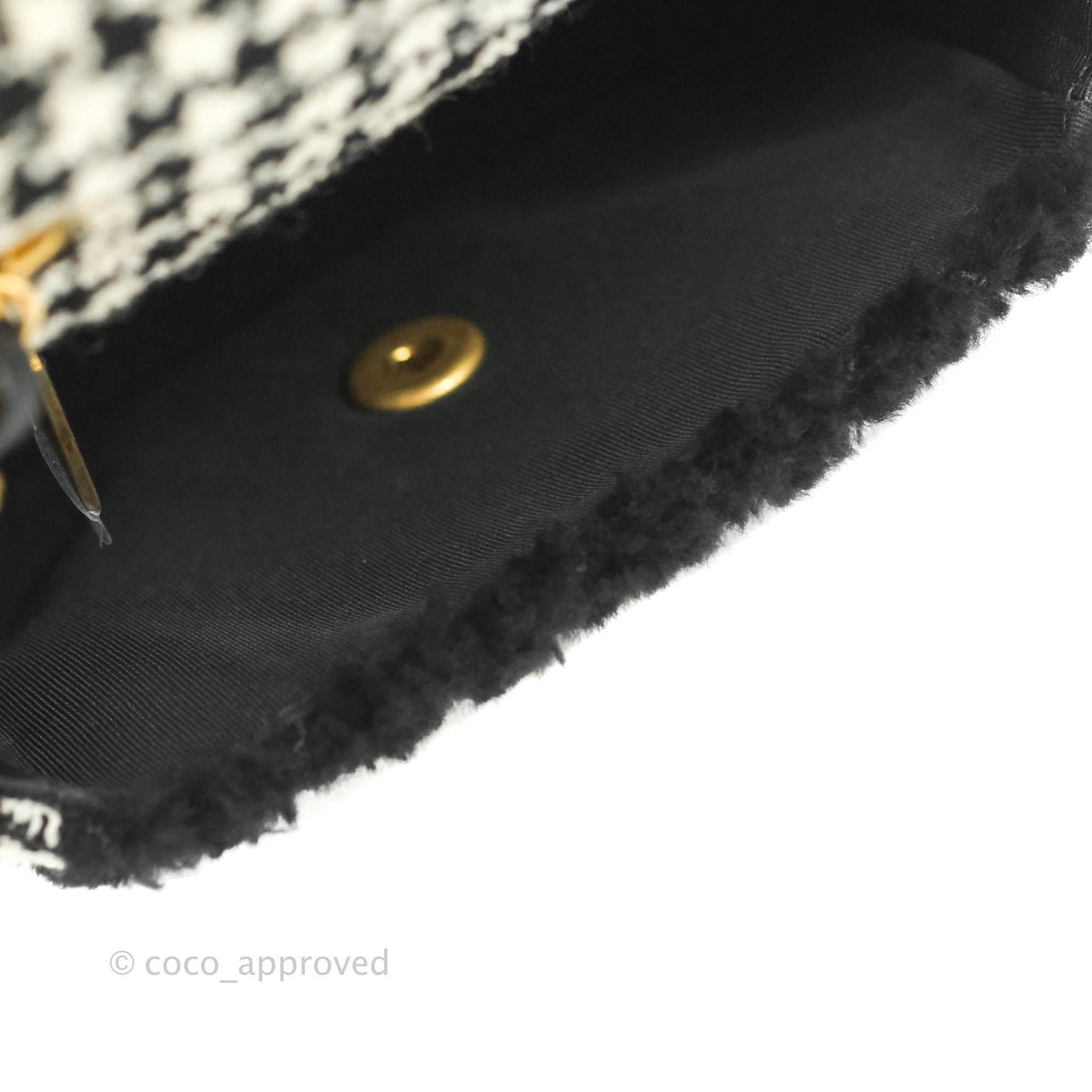 Chanel Mini Square Flap Shearling & Tweed Black & White Aged Gold Hardware 20A