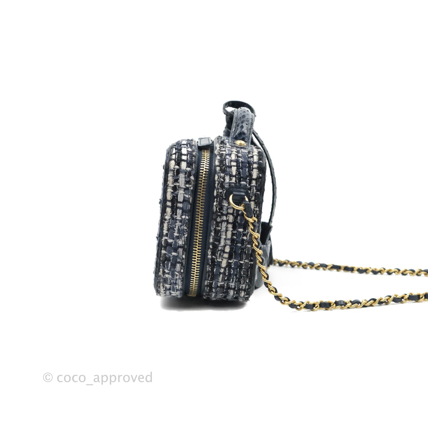 Chanel Quilted Small CC Filigree Vanity Case Navy Tweed Python Handle