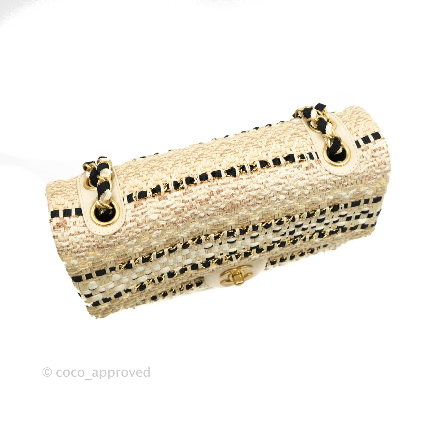 Chanel M/L Medium Flap Beige Tweed Chain Braid Aged Gold Hardware 19P