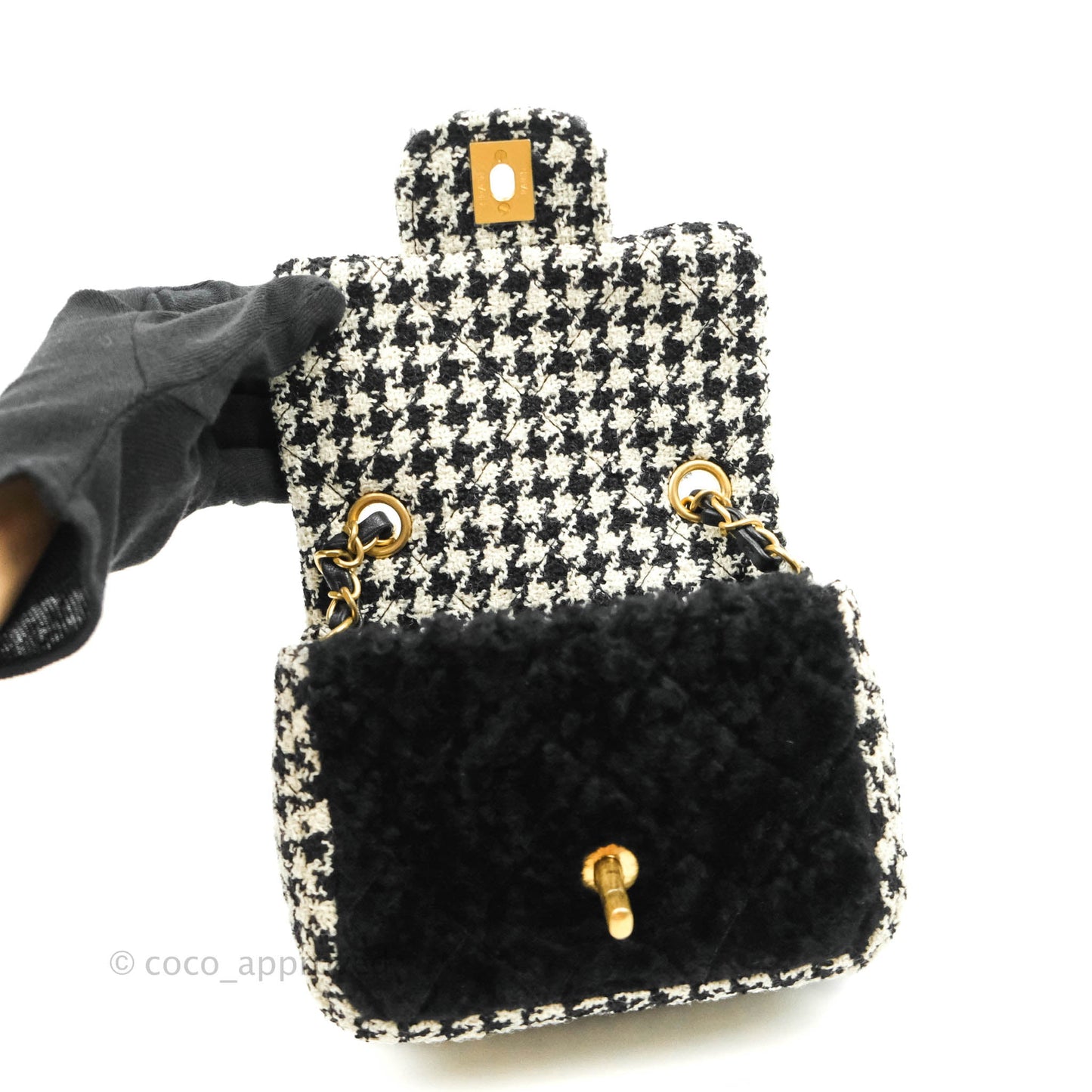 Chanel Mini Square Flap Shearling & Tweed Black & White Aged Gold Hardware 20A
