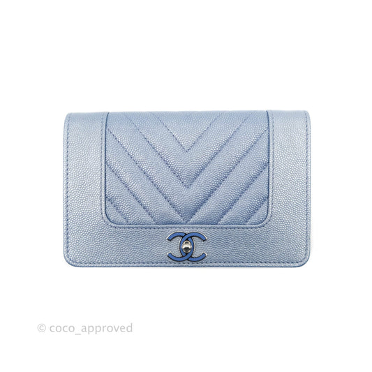 Chanel Chevron Mademoiselle Wallet Iridescent Blue Caviar Silver Hardware