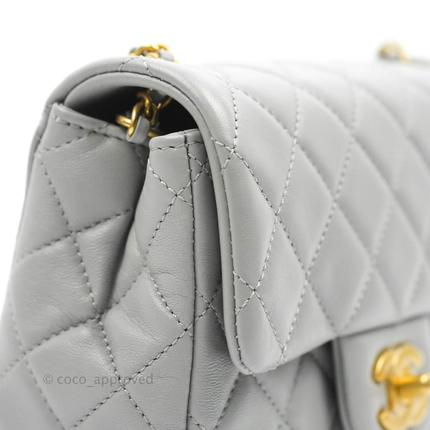 Chanel Pearl Crush Mini Square Quilted Grey Lambskin Aged Gold Hardware