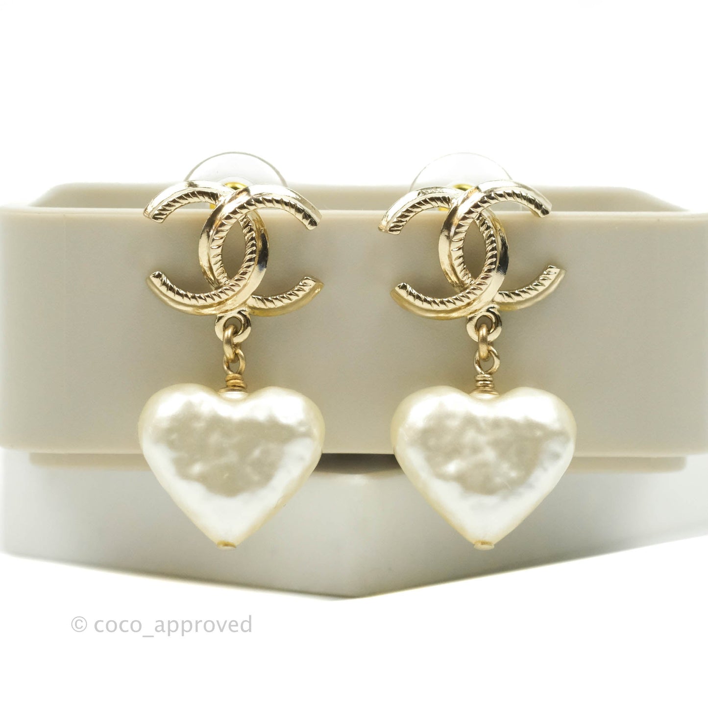 Chanel CC Pearl Heart Drop Earrings Gold Tone 22C