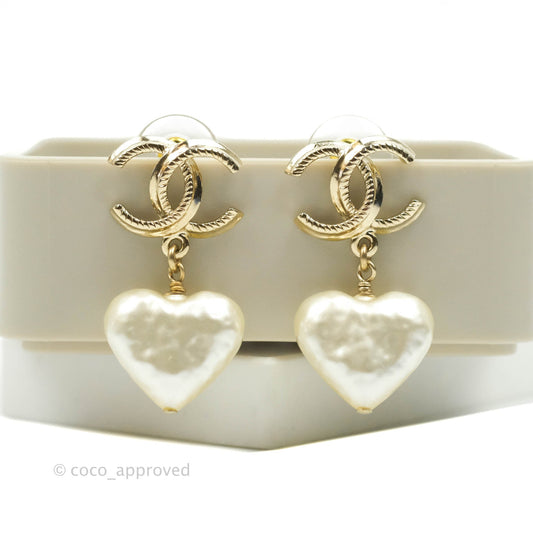 Chanel CC Pearl Heart Drop Earrings Gold Tone 22C