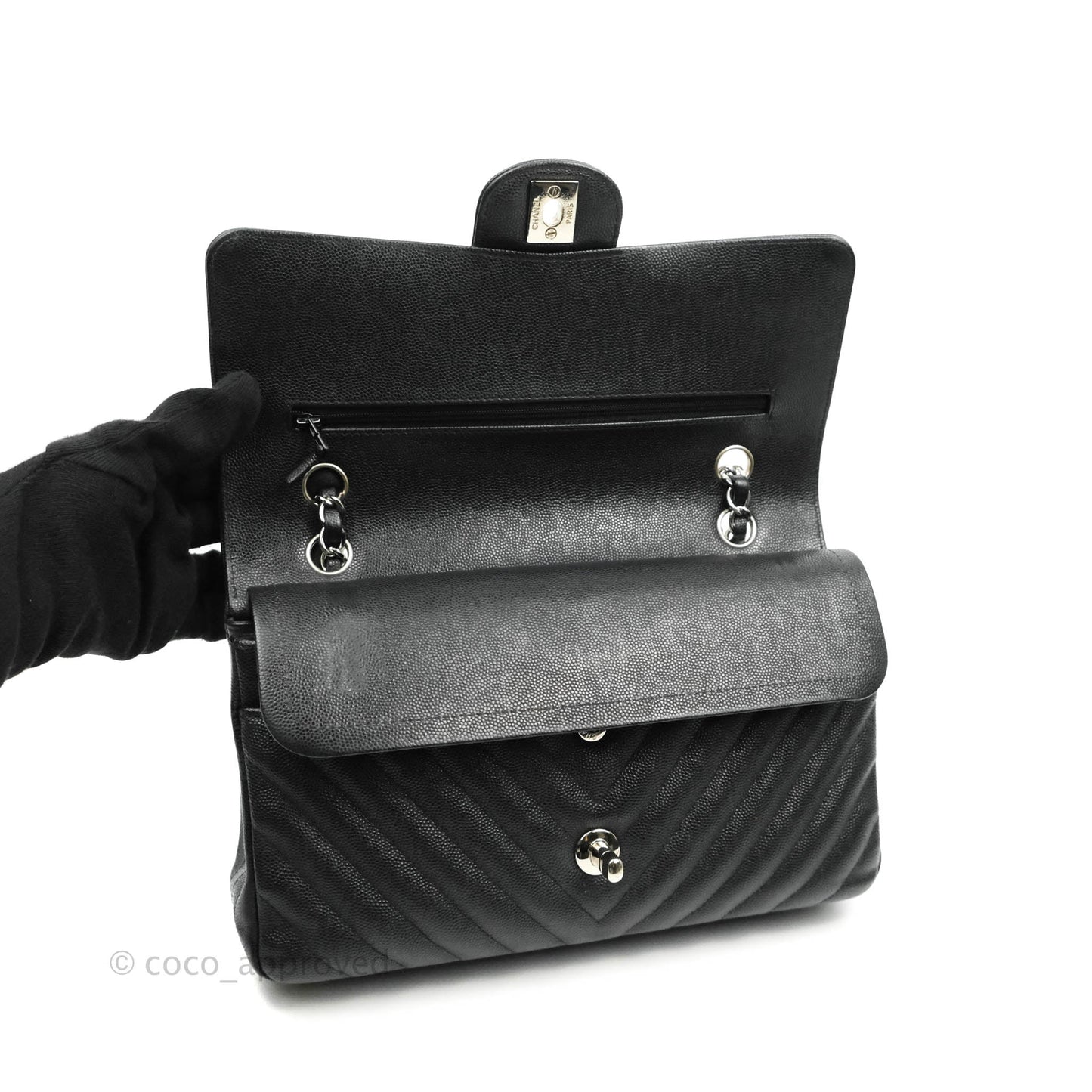 Chanel Classic M/L Medium Chevron Double Flap Black Caviar Silver Hardware