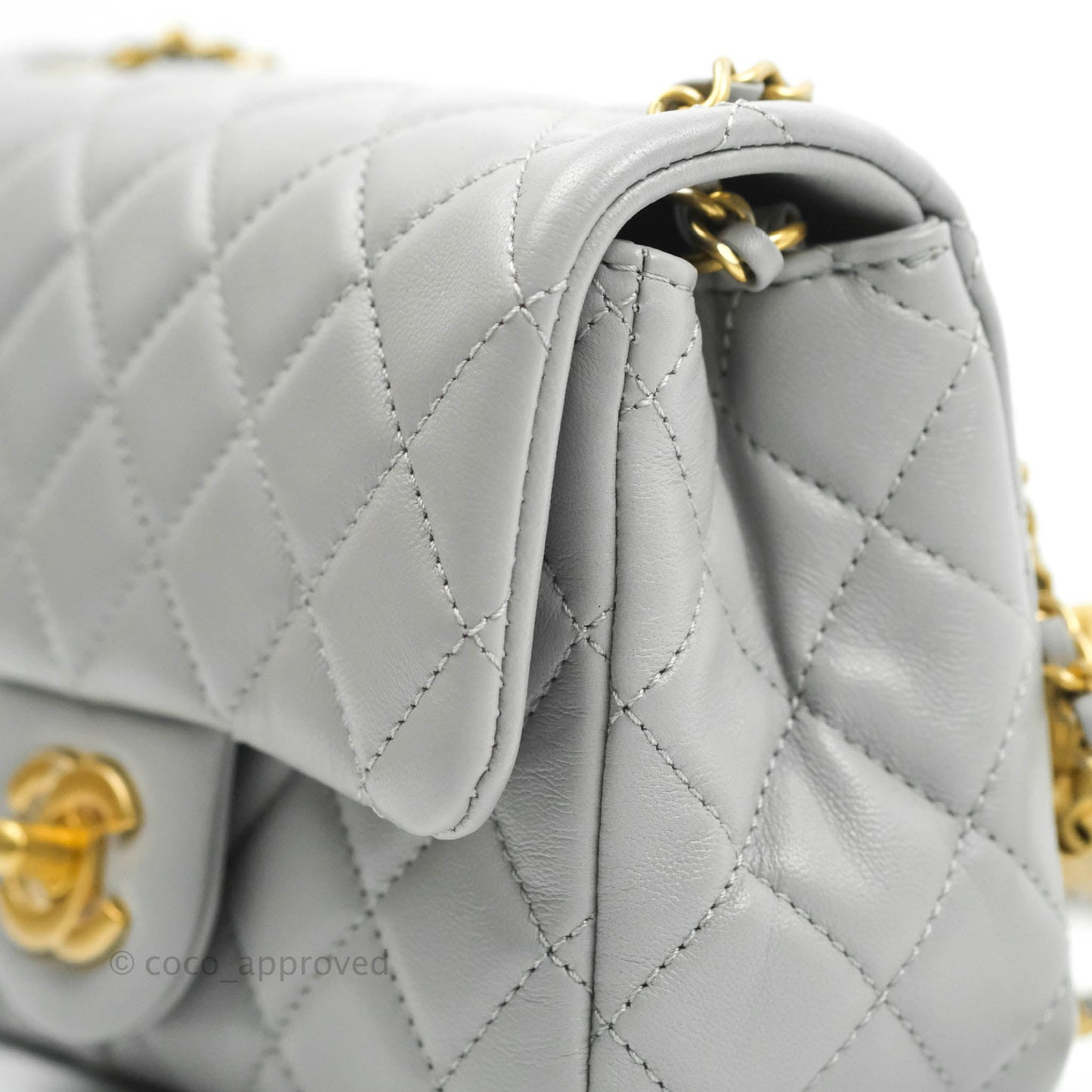 Chanel Pearl Crush Mini Square Quilted Grey Lambskin Aged Gold Hardware
