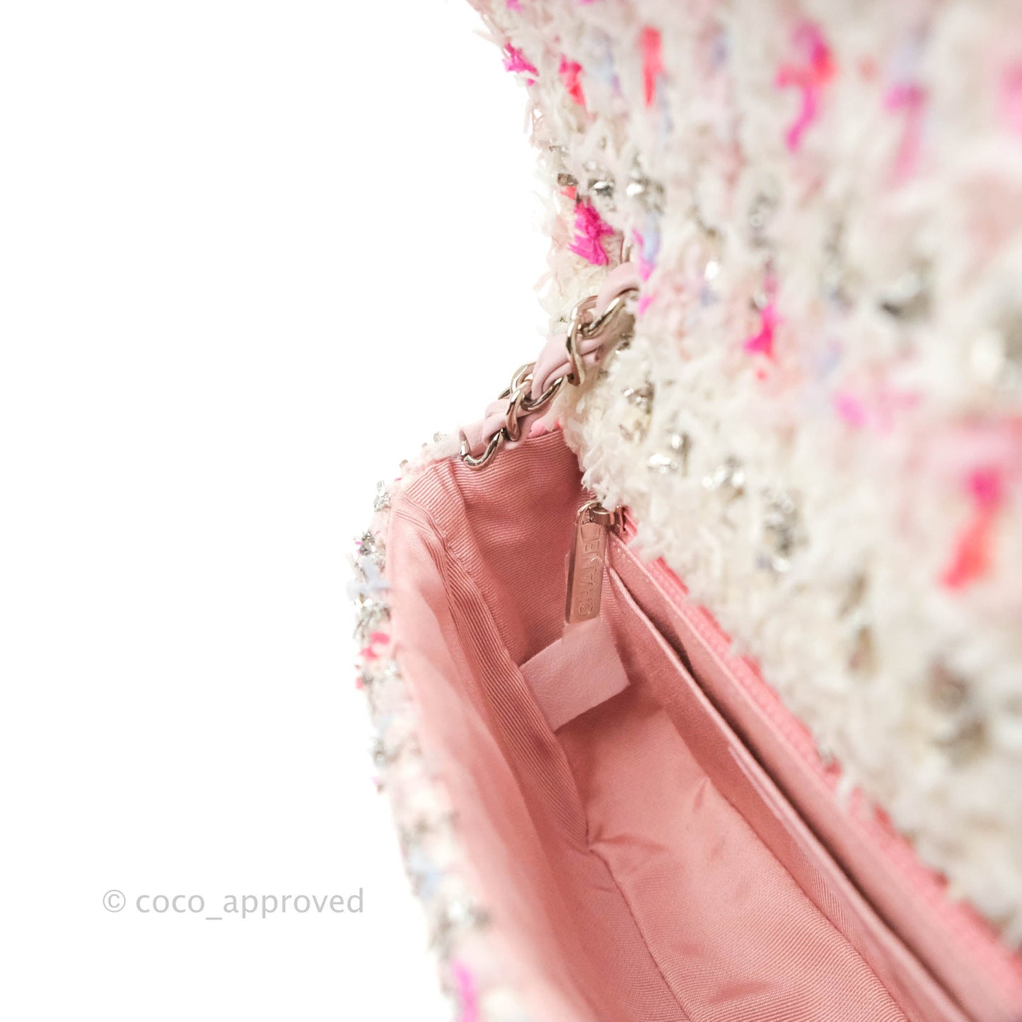Chanel Mini Rectangular Pink Glitter Tweed Flap Silver Hardware 18S