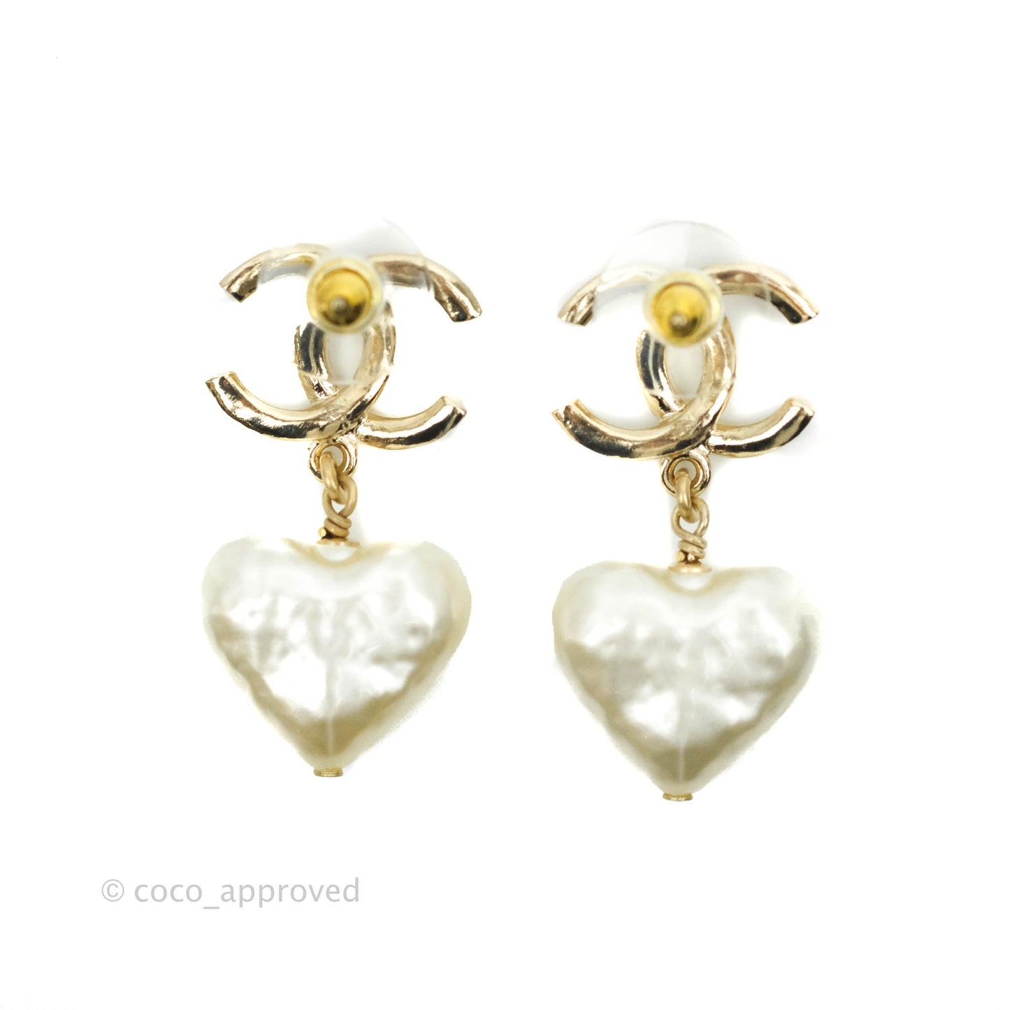 Chanel CC Pearl Heart Drop Earrings Gold Tone 22C