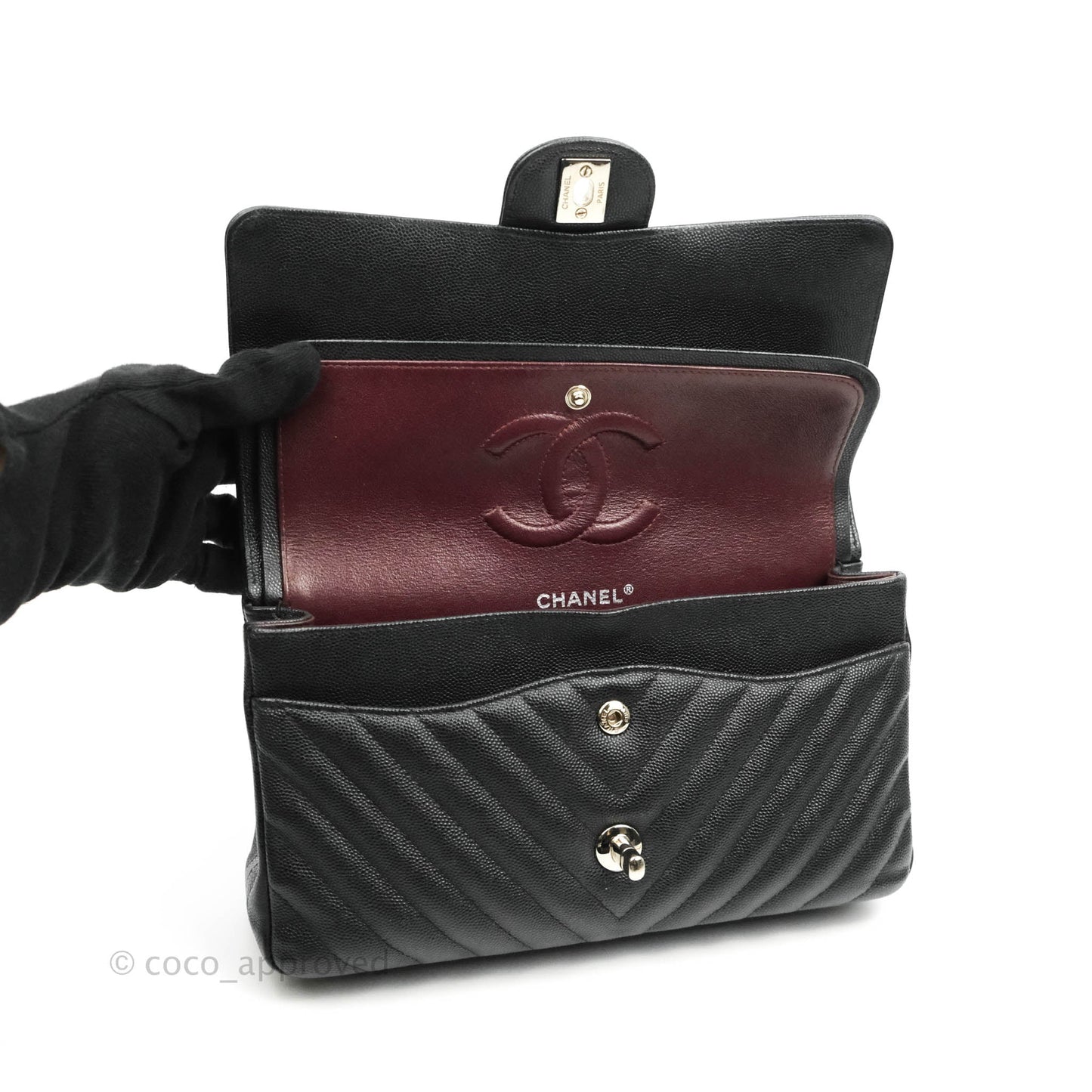 Chanel Classic M/L Medium Chevron Double Flap Black Caviar Silver Hardware