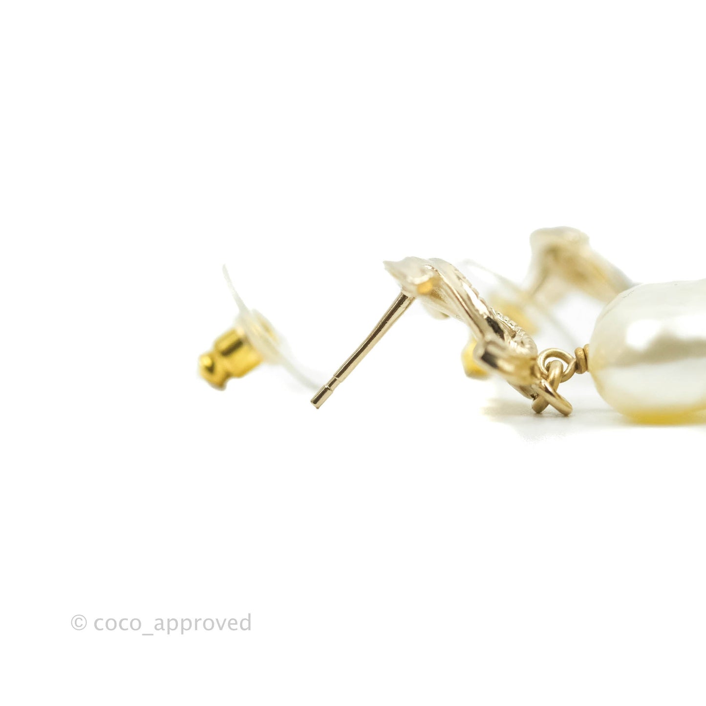 Chanel CC Pearl Heart Drop Earrings Gold Tone 22C