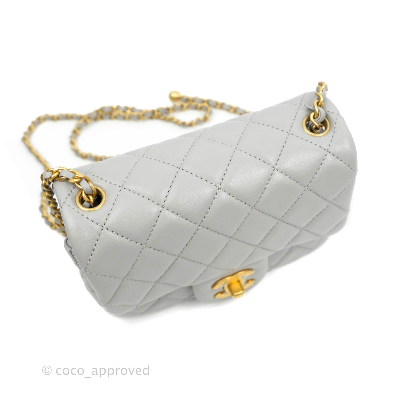 Chanel Pearl Crush Mini Square Quilted Grey Lambskin Aged Gold Hardware