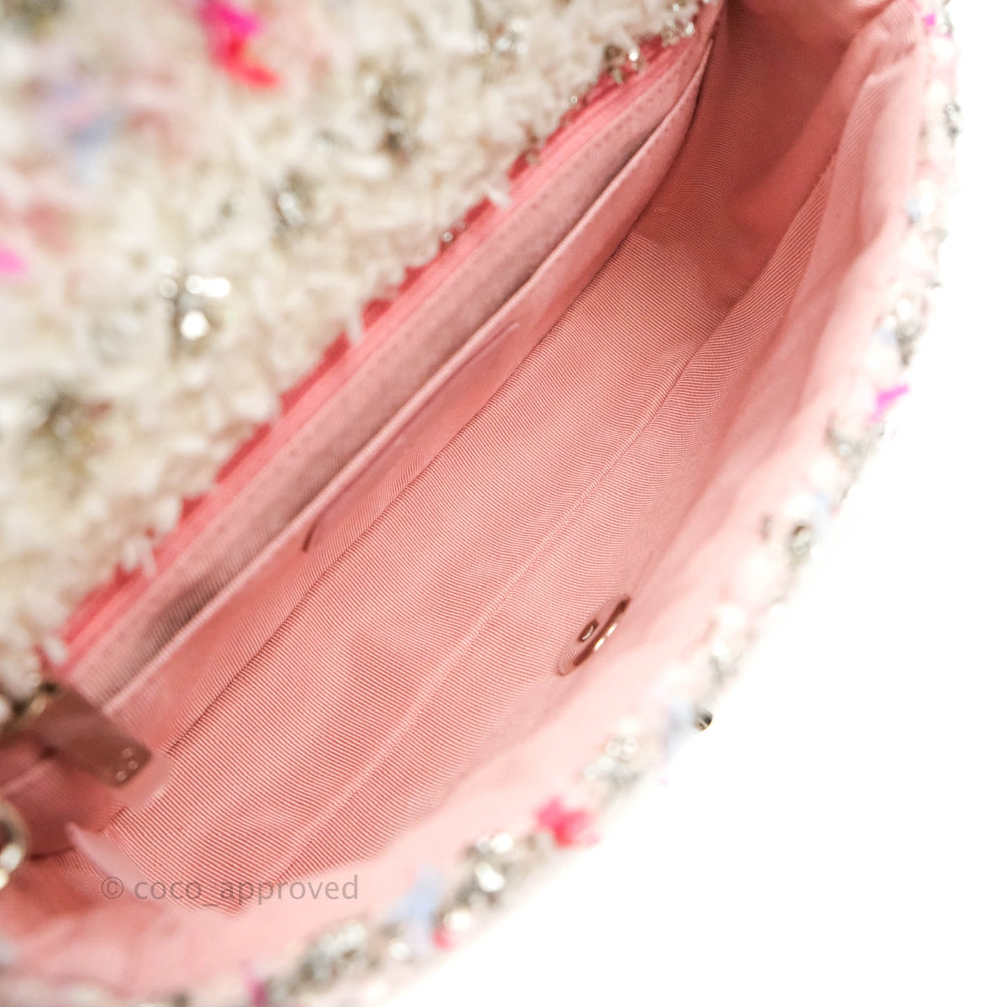 Chanel Mini Rectangular Pink Glitter Tweed Flap Silver Hardware 18S
